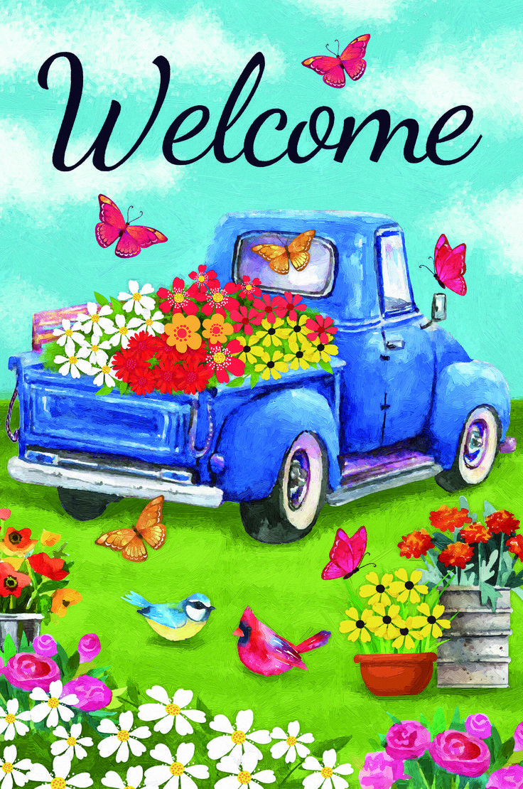 Welcome Blue Pickup Truck with Flowers Outdoor House Flag 28 x 40. Spring painting, Painting crafts, Welcome image