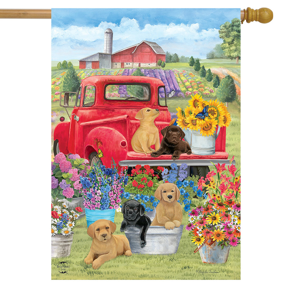 Spring Day Puppies House Flag Red Pickup Truck Floral 28 x 40 Briarwood Lane