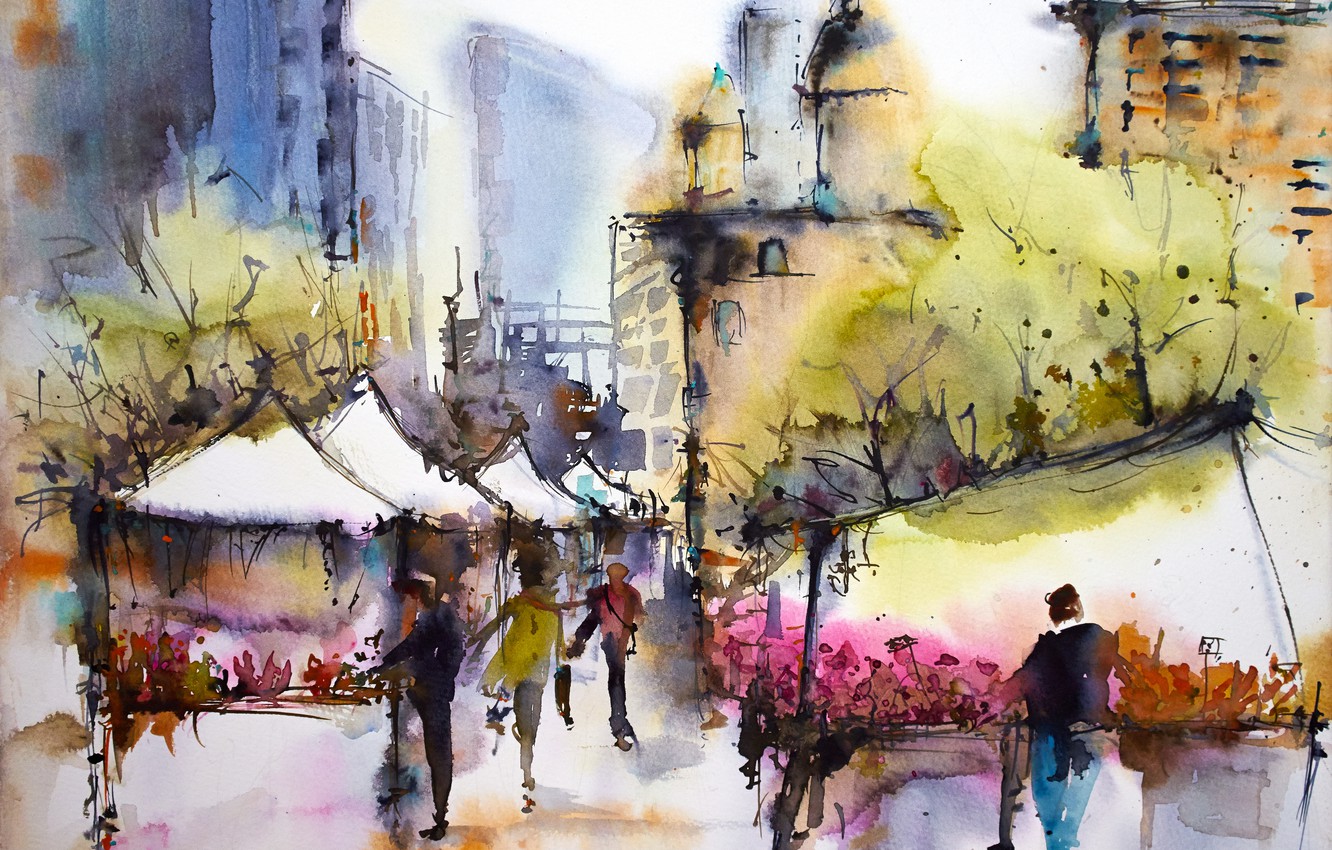 Wallpaper the city, spring, watercolor, March image for desktop, section живопись