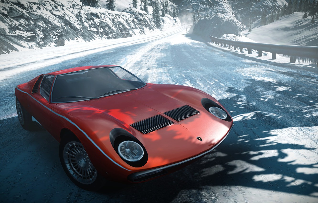 Wallpaper snow, mountains, race, lights, sports car, classic, Need for Speed The Run, Lamborghini Miura SV image for desktop, section игры