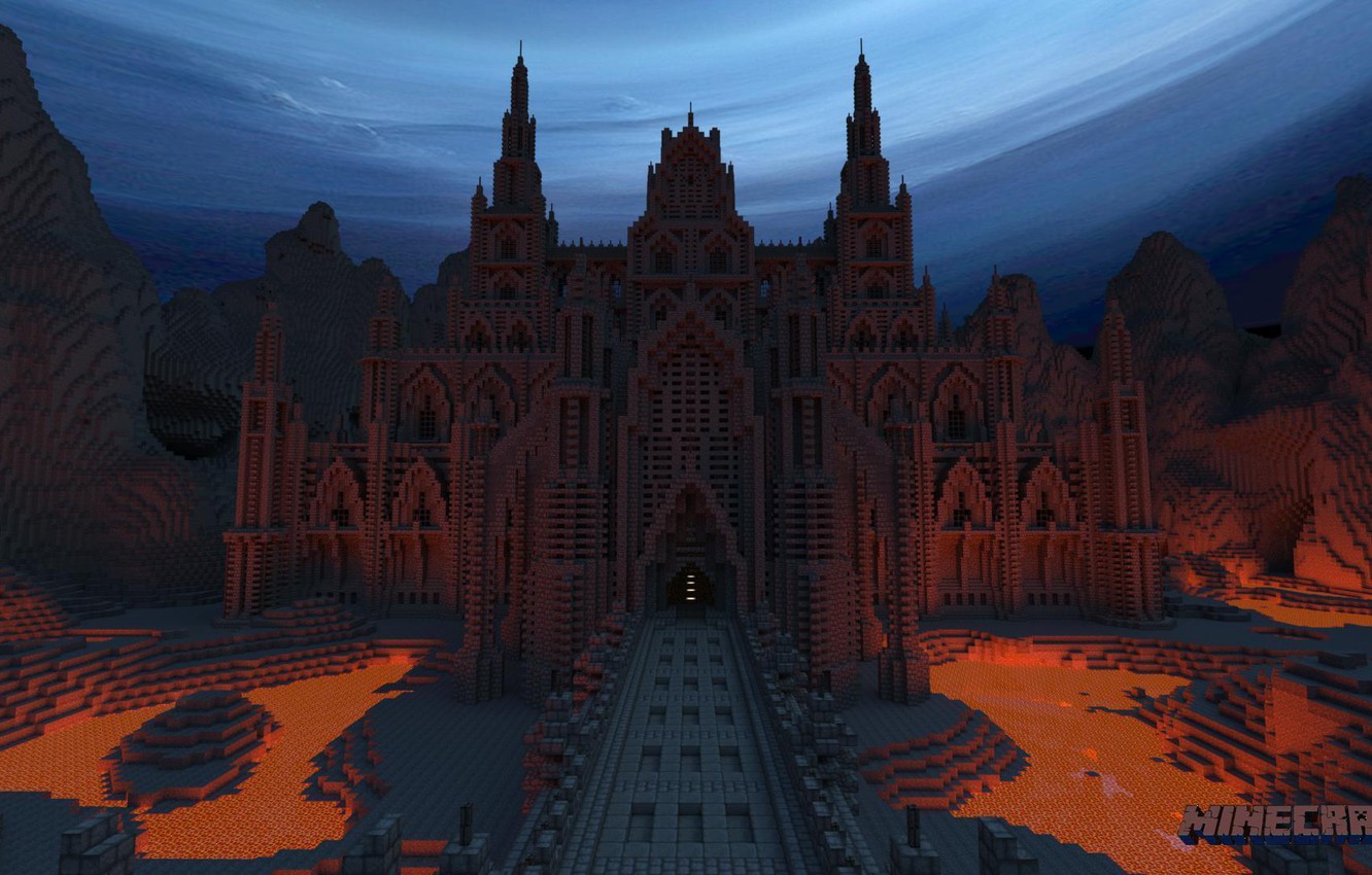 Wallpaper road, the sky, mountains, night, blocks, lava, Palace, Minecraft image for desktop, section игры