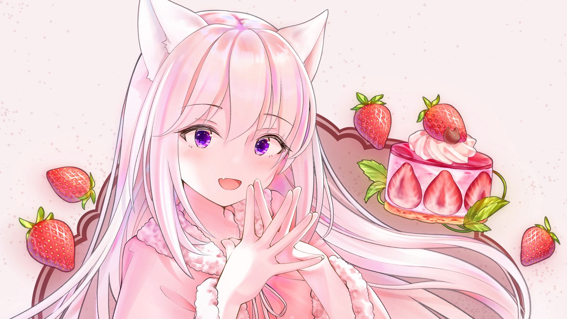 Download wallpaper 1920x1080 girl, ears, strawberry, anime, art, pink full hd, hdtv, fhd, 1080p HD background