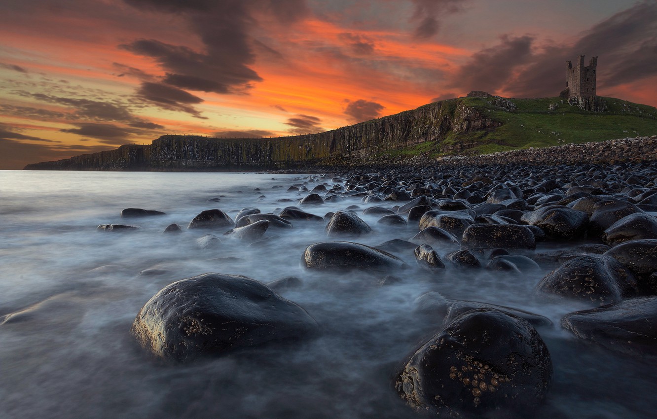 Wallpaper sea, the sky, sunset, stones, England, Northumberland, Castle Dunstanburgh image for desktop, section пейзажи