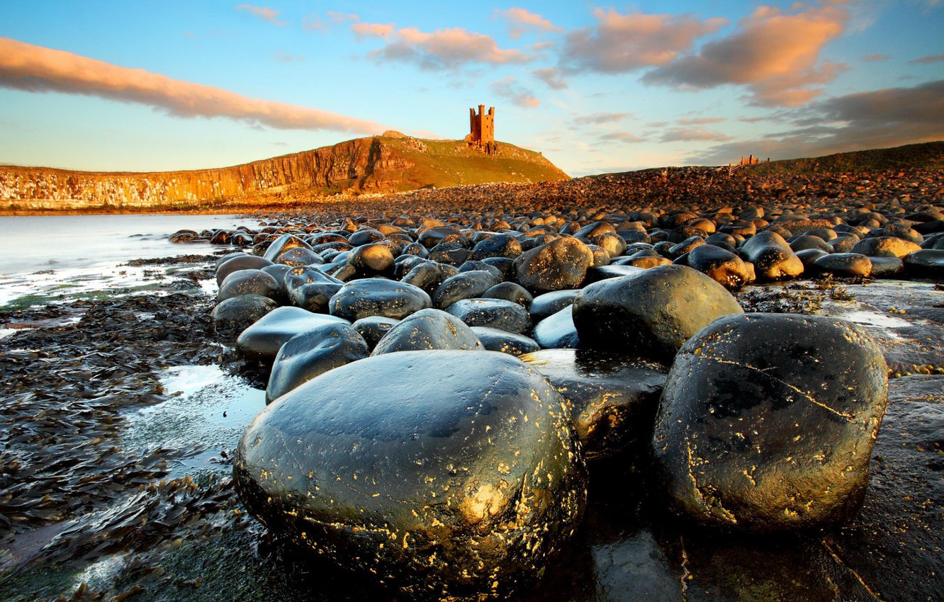 Wallpaper sea, landscape, stones, castle, Northumberland, Dunstan Burgh image for desktop, section пейзажи