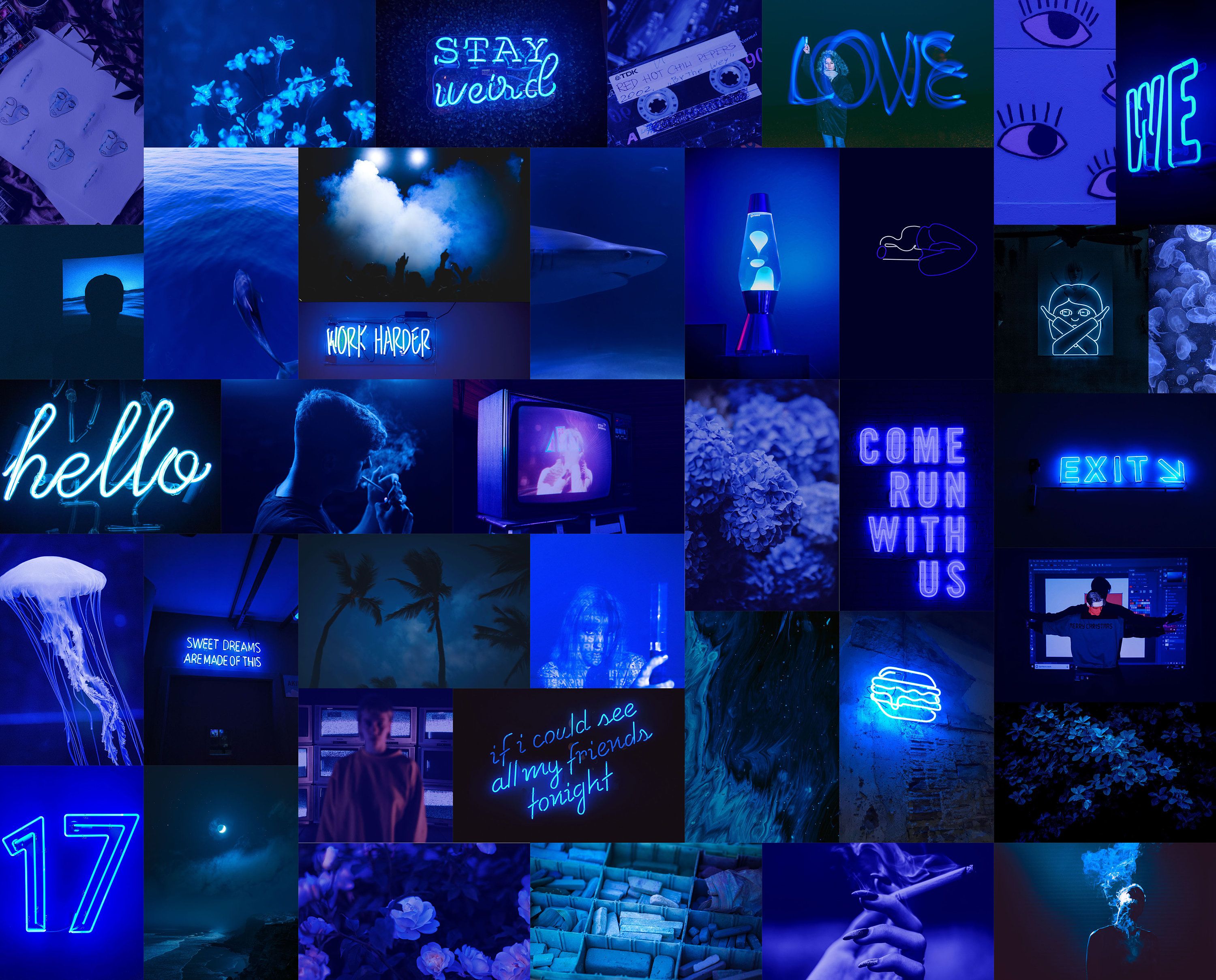 Neon Blue Boujee Aesthetic Wall Collage Kit Digital