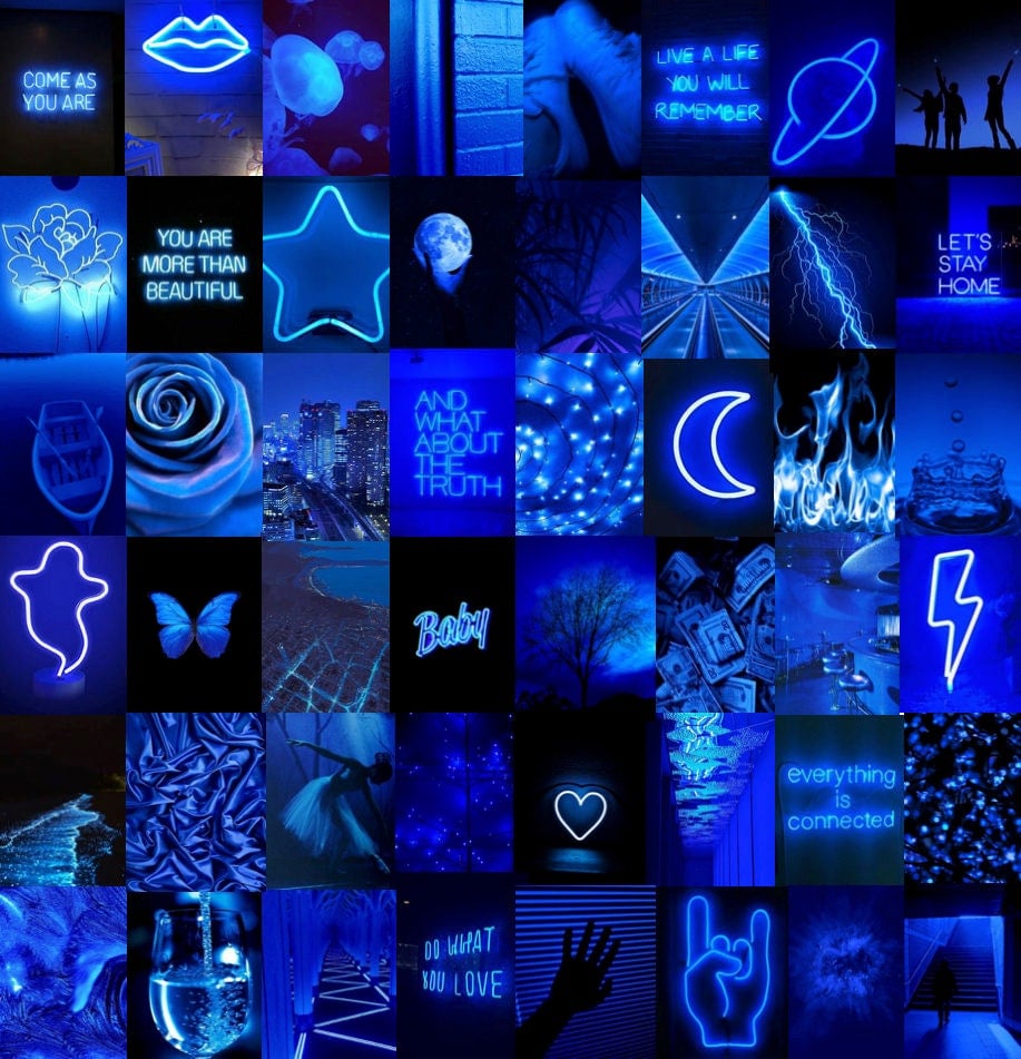 Neon Blue Aesthetic Photo Wall Collage Kit