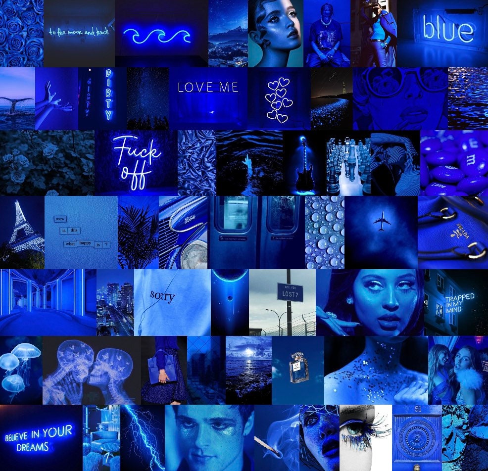 Neon Blue Aesthetic Collage Kit 60 Pcs Room Decor Neon