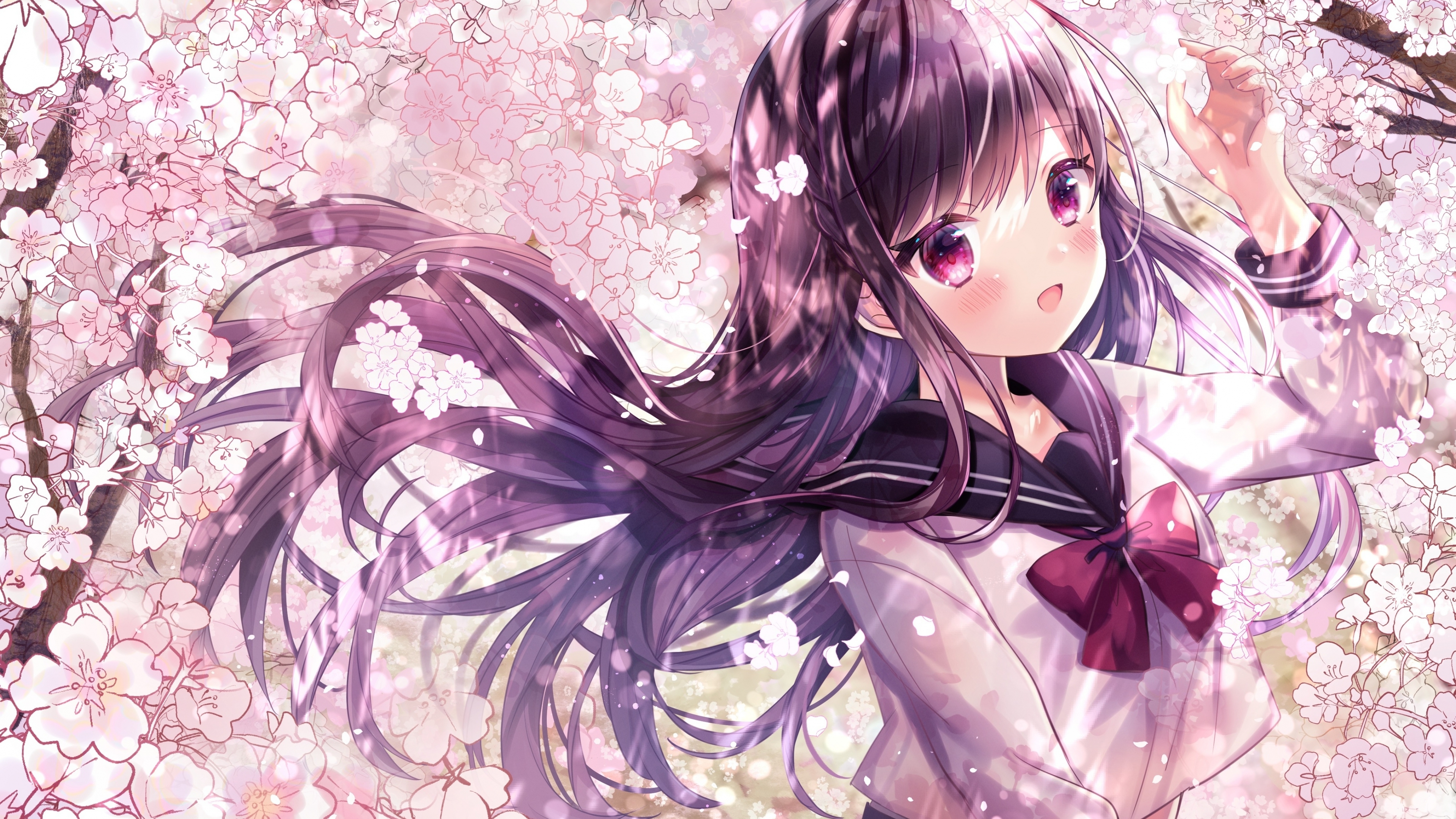 Wallpaper Long Hair, Spring, Cute Anime Girl, Sakura Blossom, School Uniform:4093x2894