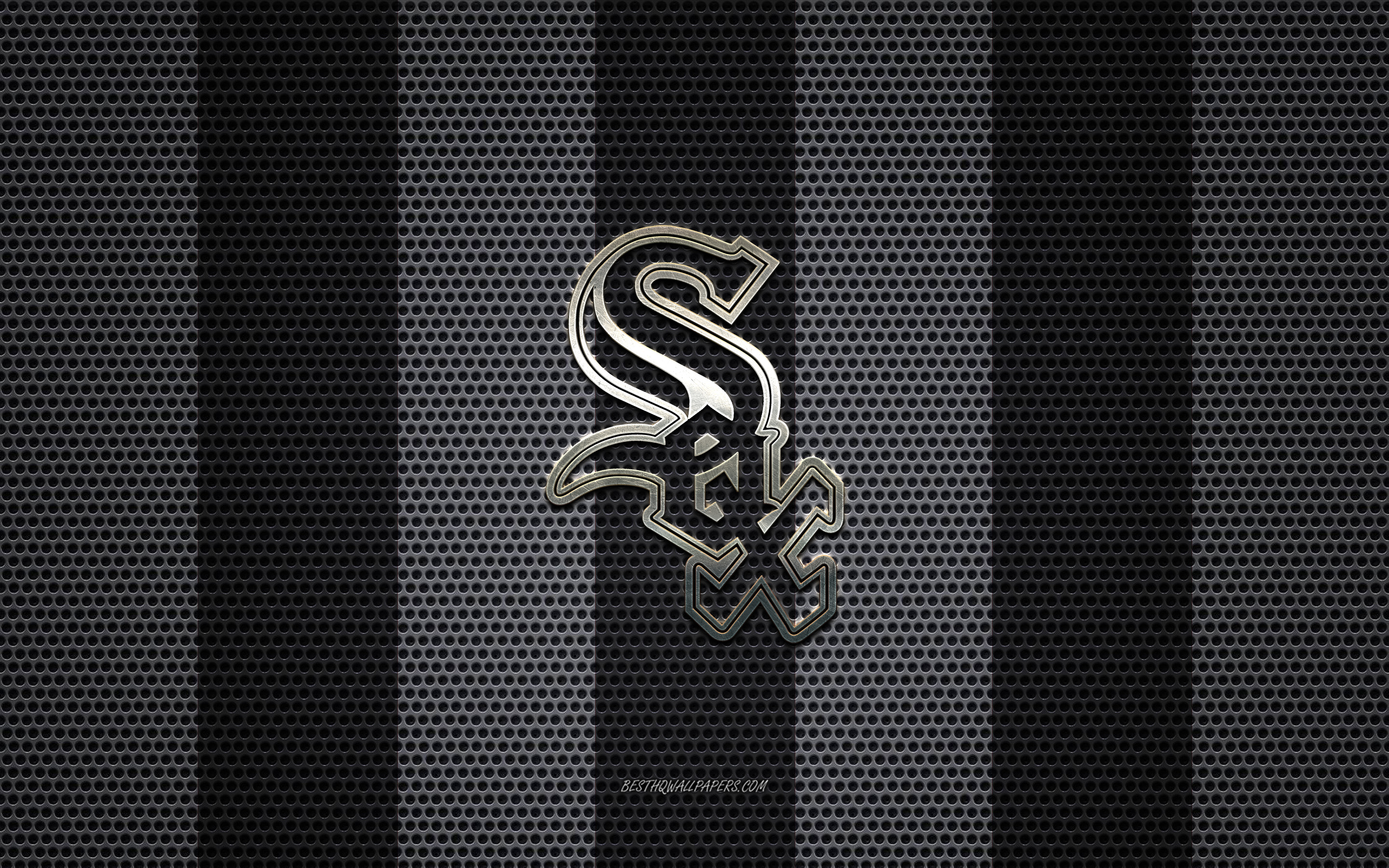Download wallpaper Chicago White Sox logo, American baseball club, metal emblem, black and white metal mesh background, Chicago White Sox, MLB, Chicago, Illinois, USA, baseball for desktop with resolution 2880x1800. High Quality