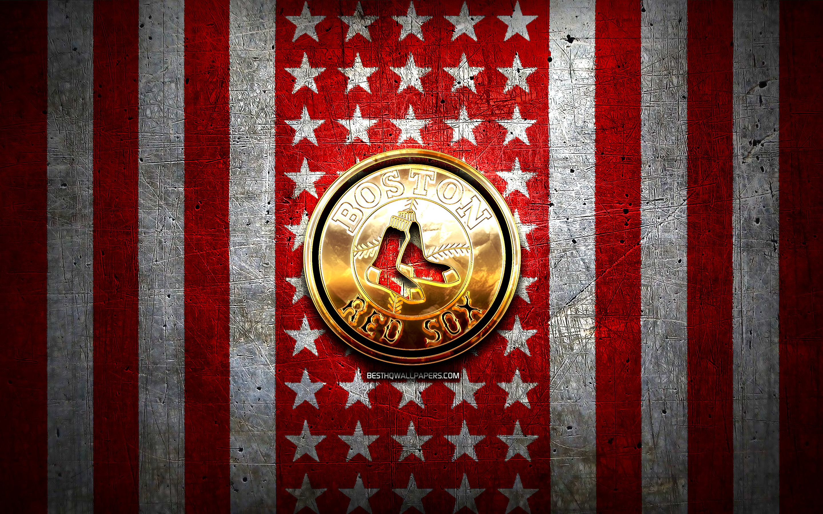 Download wallpaper Boston Red Sox flag, MLB, red white metal background, american baseball team, Boston Red Sox logo, USA, baseball, Boston Red Sox, golden logo for desktop with resolution 2880x1800. High Quality