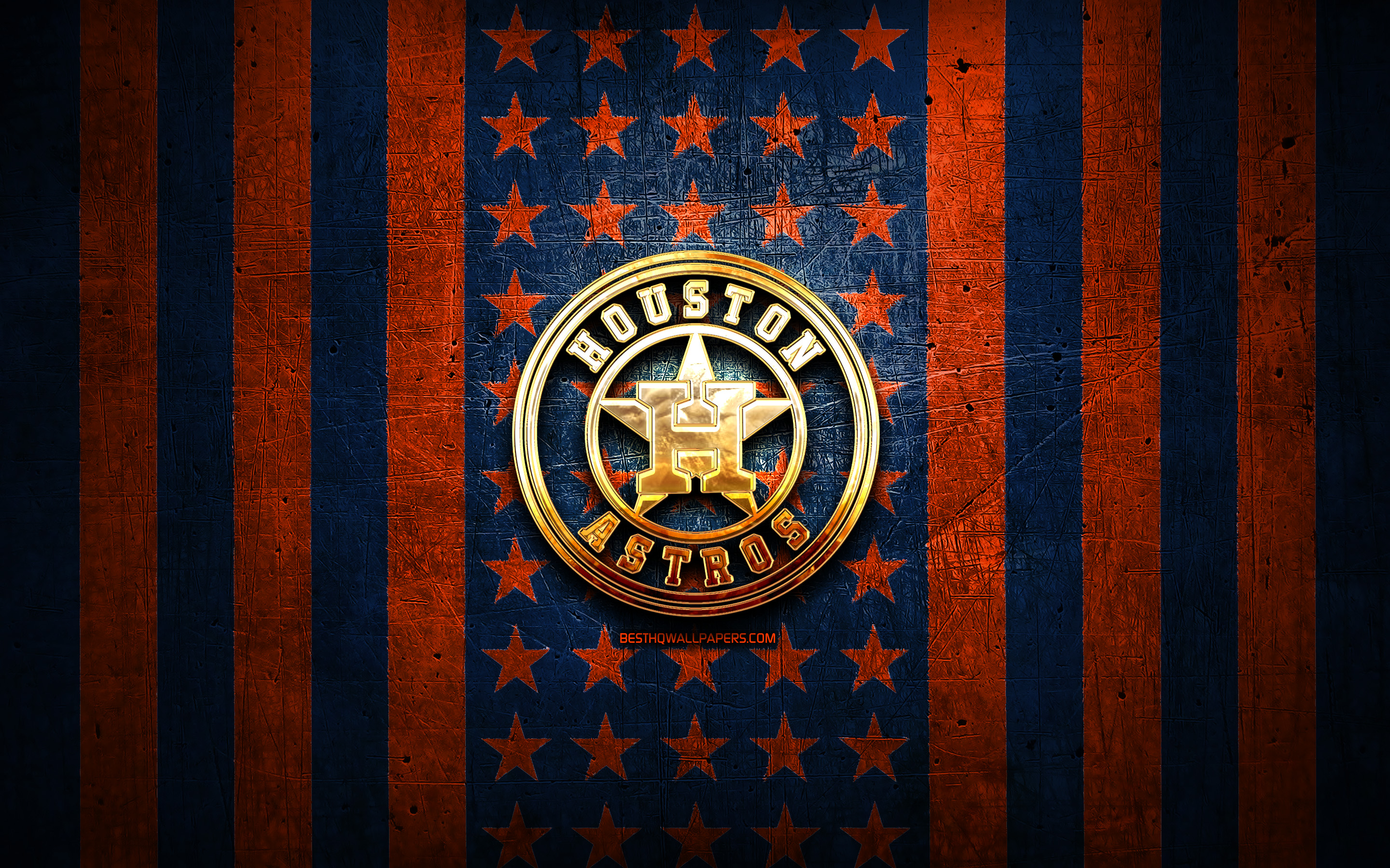 Download wallpaper Houston Astros flag, MLB, orange blue metal background, american baseball team, Houston Astros logo, USA, baseball, Houston Astros, golden logo for desktop with resolution 2880x1800. High Quality HD picture wallpaper