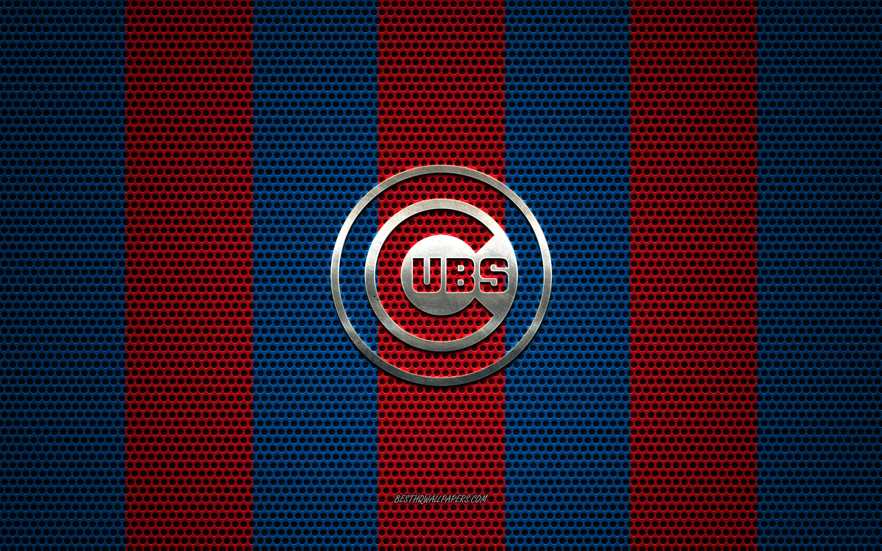 Download wallpaper Chicago Cubs logo, American baseball club, metal emblem, red blue metal mesh background, Chicago Cubs, MLB, Chicago, Illinois, USA, baseball for desktop with resolution 2880x1800. High Quality HD picture wallpaper