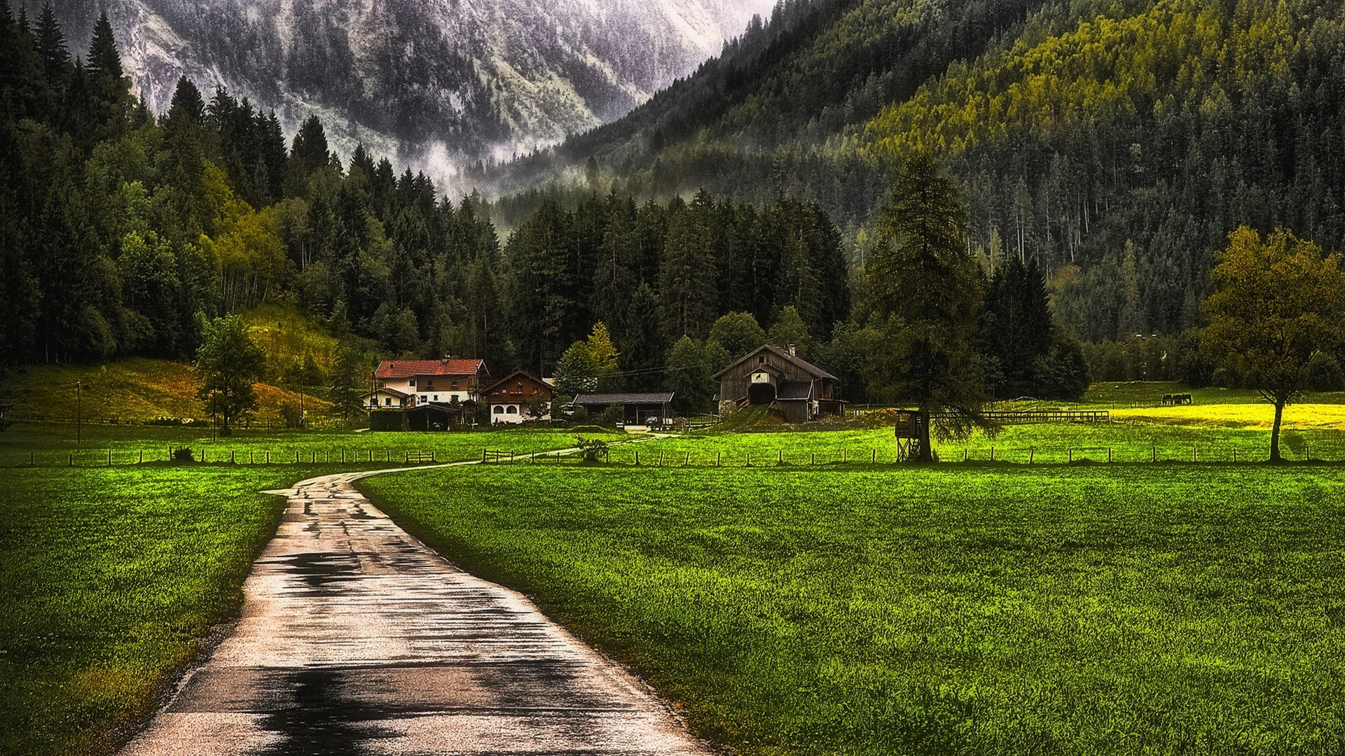 nature, Landscape, Mountain, Forest, Farm, Grass, Snow, Fence, Mist, Trees, Barns, Dirt Road, Path Wallpaper HD / Desktop and Mobile Background