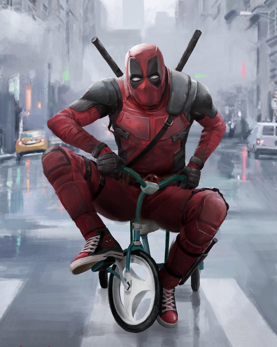 Joseph Qiu no Instagram: “DeadPool riding a tricycle on NYC street, something silly for a laugh. DeadPool fana. Deadpool funny, Deadpool wallpaper, Deadpool comic