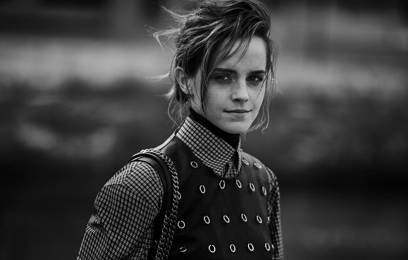 Wallpaper photo, background, portrait, actress, black and white, beauty, Emma Watson, Emma Watson, bokeh, Interview, Peter Lindbergh image for desktop, section девушки