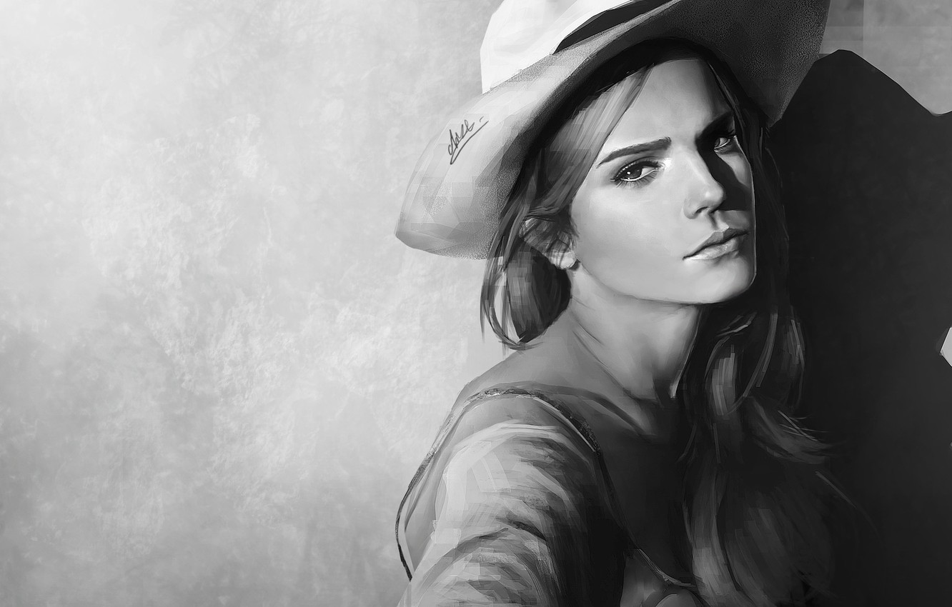 Wallpaper background, figure, portrait, hat, art, black and white, Emma Watson, Emma Watson image for desktop, section живопись