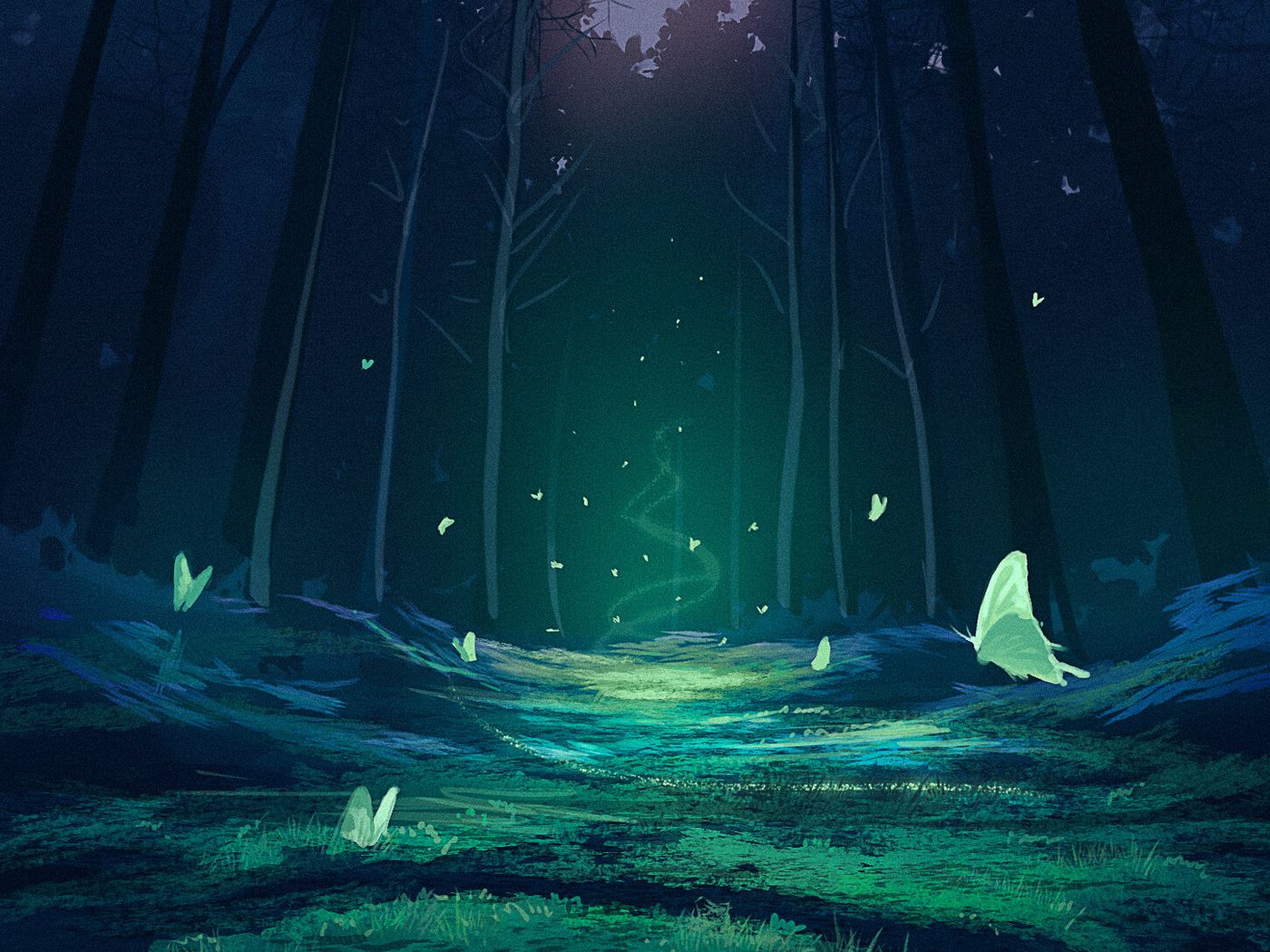 Download wallpaper 1400x1050 forest, magic, butterflies, fantasy, art standard 4:3 HD background