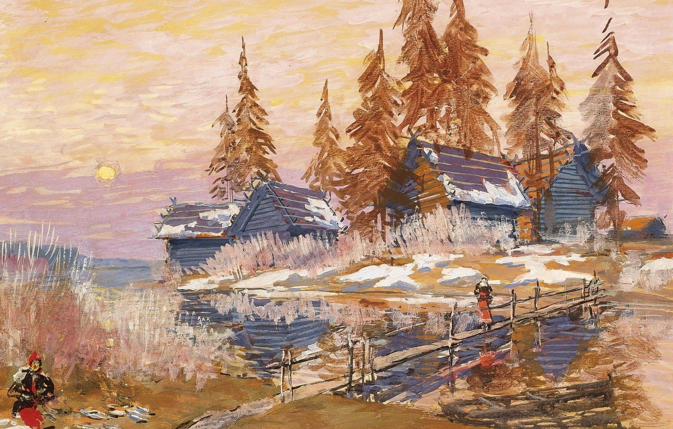 Wallpaper trees, landscape, picture, village, the bridge, Konstantin Korovin, Late Winter image for desktop, section живопись