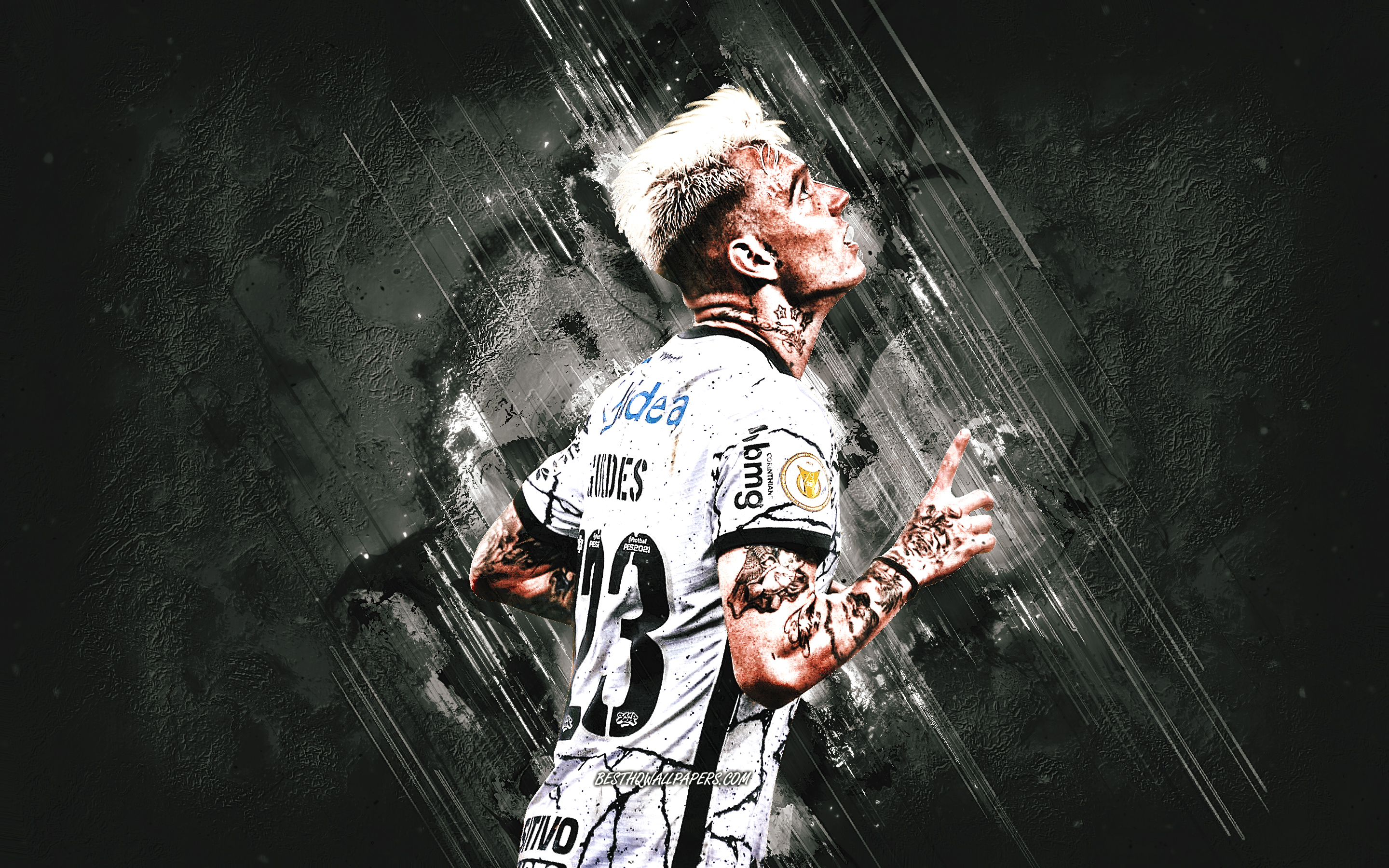 Download wallpaper Roger Guedes, Corinthians, Brazilian footballer, white stone background, soccer, Serie A, Brazil, grunge art for desktop with resolution 2880x1800. High Quality HD picture wallpaper
