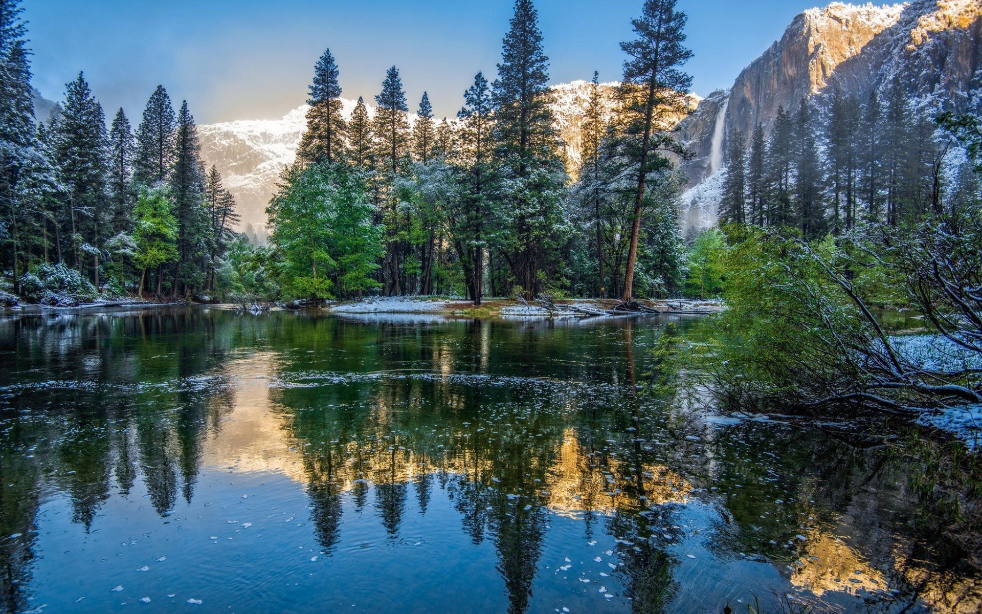 Download wallpaper california, usa, the end of winter, rock, the lake, forest, winter, morning, yosemite for desktop with resolution 1920x1200. High Quality HD picture wallpaper