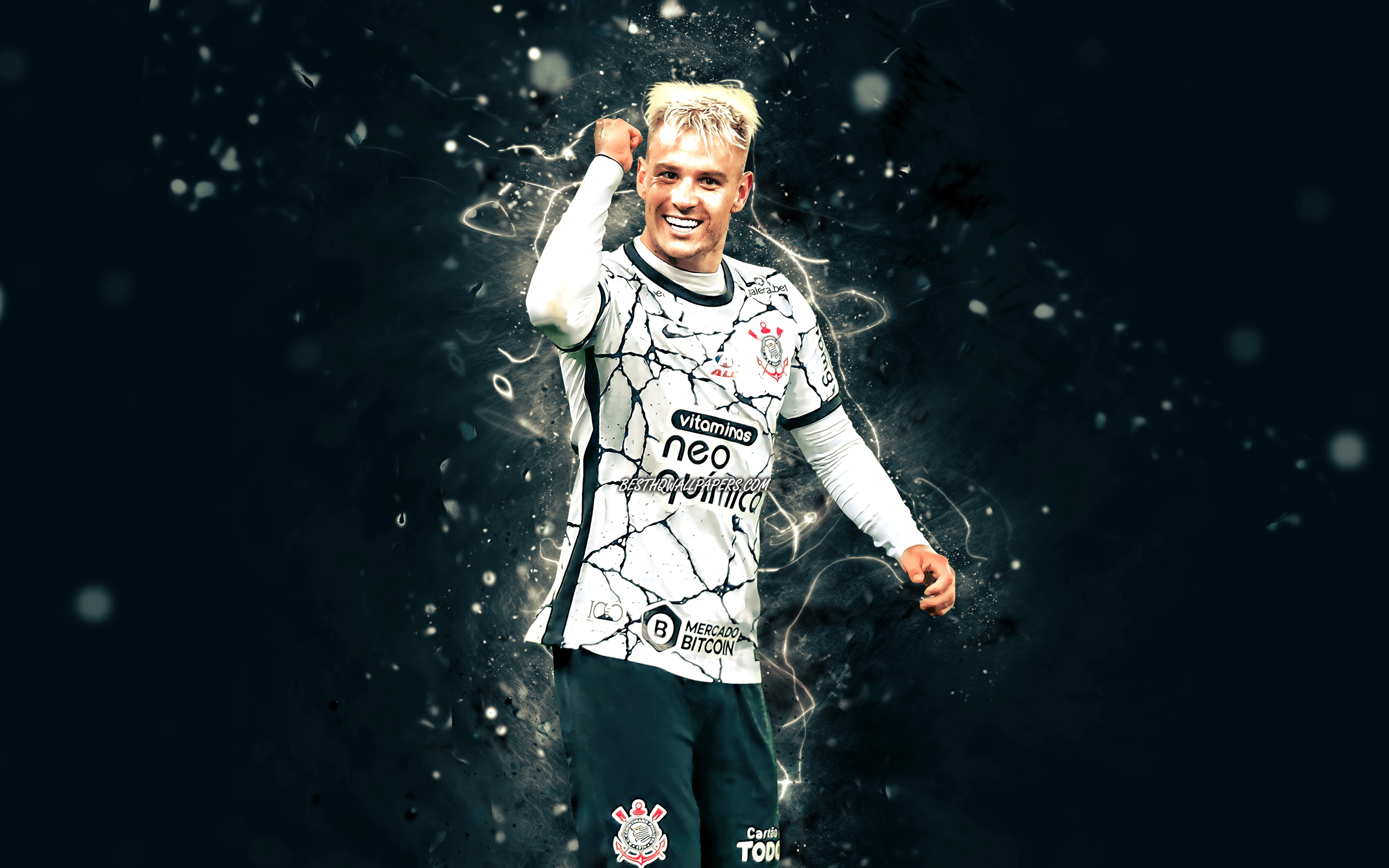 Download wallpaper Roger Guedes, 4k, Corinthians FC, Brazilian Serie A, soccer, Giuliano, brazilian footballers, Roger Krug Guedes, white neon lights, football, Roger Guedes 4K, Roger Guedes Corinthians for desktop with resolution 3840x2400