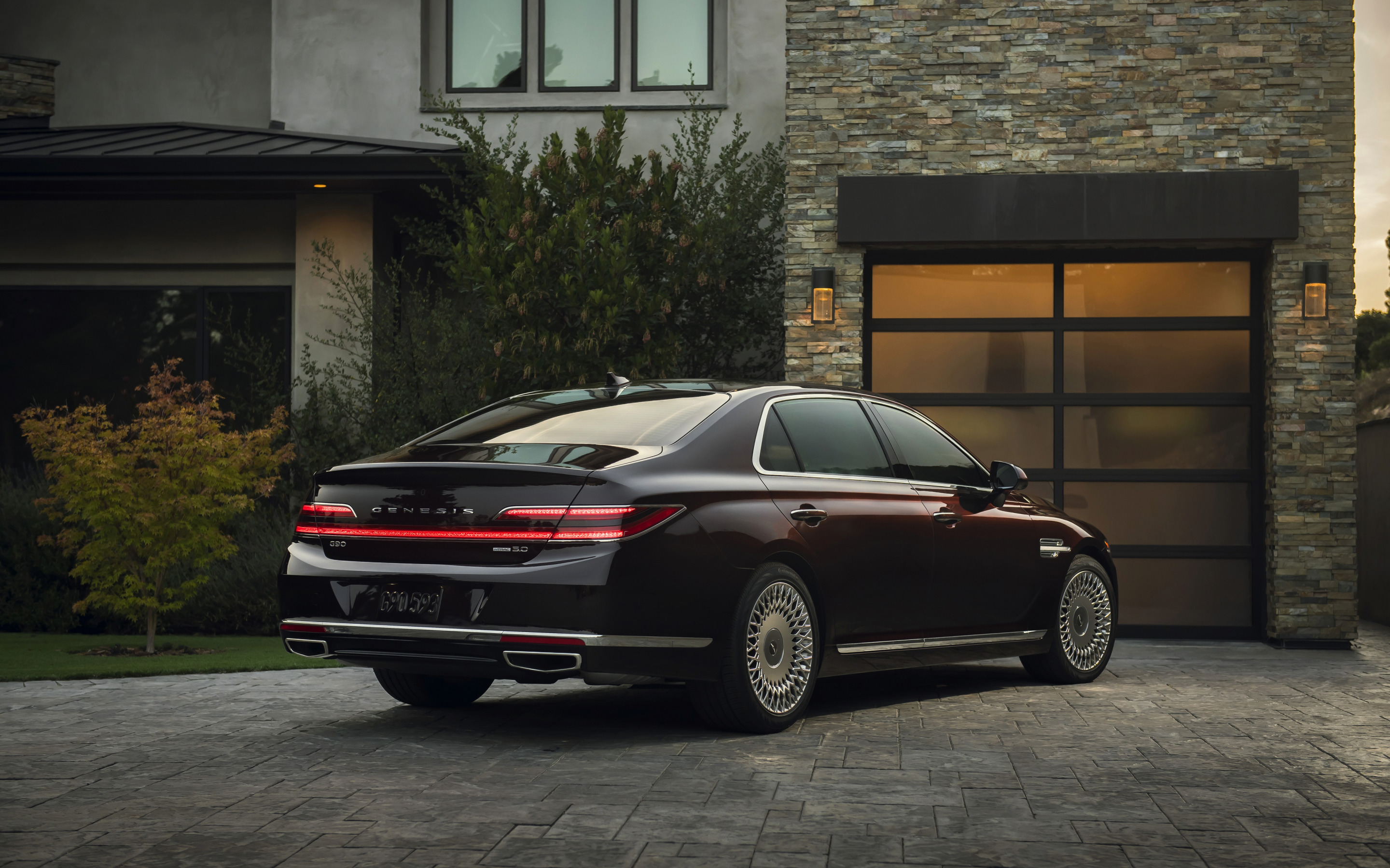 Download wallpaper Hyundai Genesis G90, 2020, rear view, exterior, luxury sedan, new burgundy Genesis G90, american cars, Hyundai for desktop with resolution 2880x1800. High Quality HD picture wallpaper
