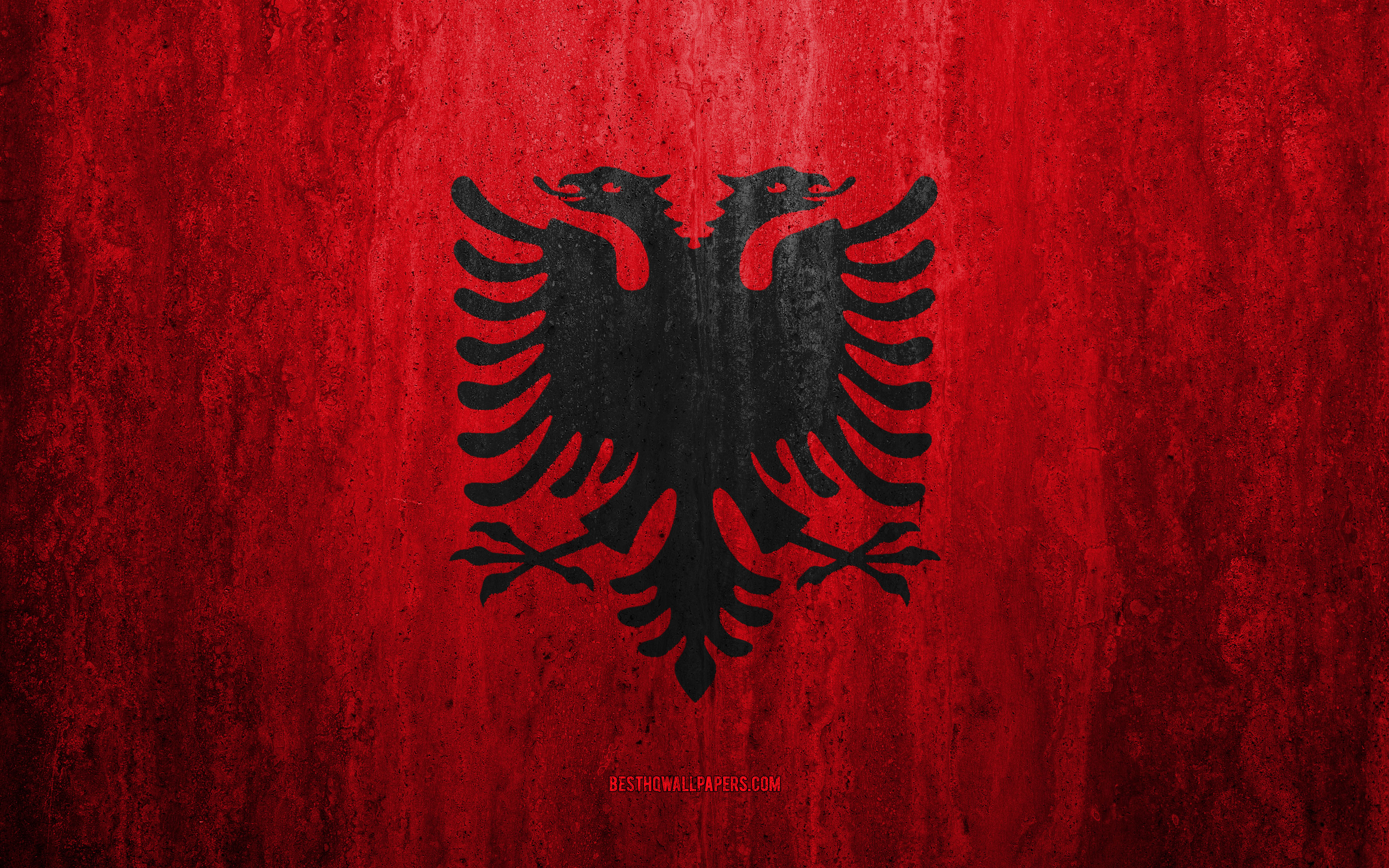Download wallpaper Flag of Albania, 4k, stone background, grunge flag, Europe, Albania flag, grunge art, national symbols, Albania, stone texture for desktop with resolution 3840x2400. High Quality HD picture wallpaper
