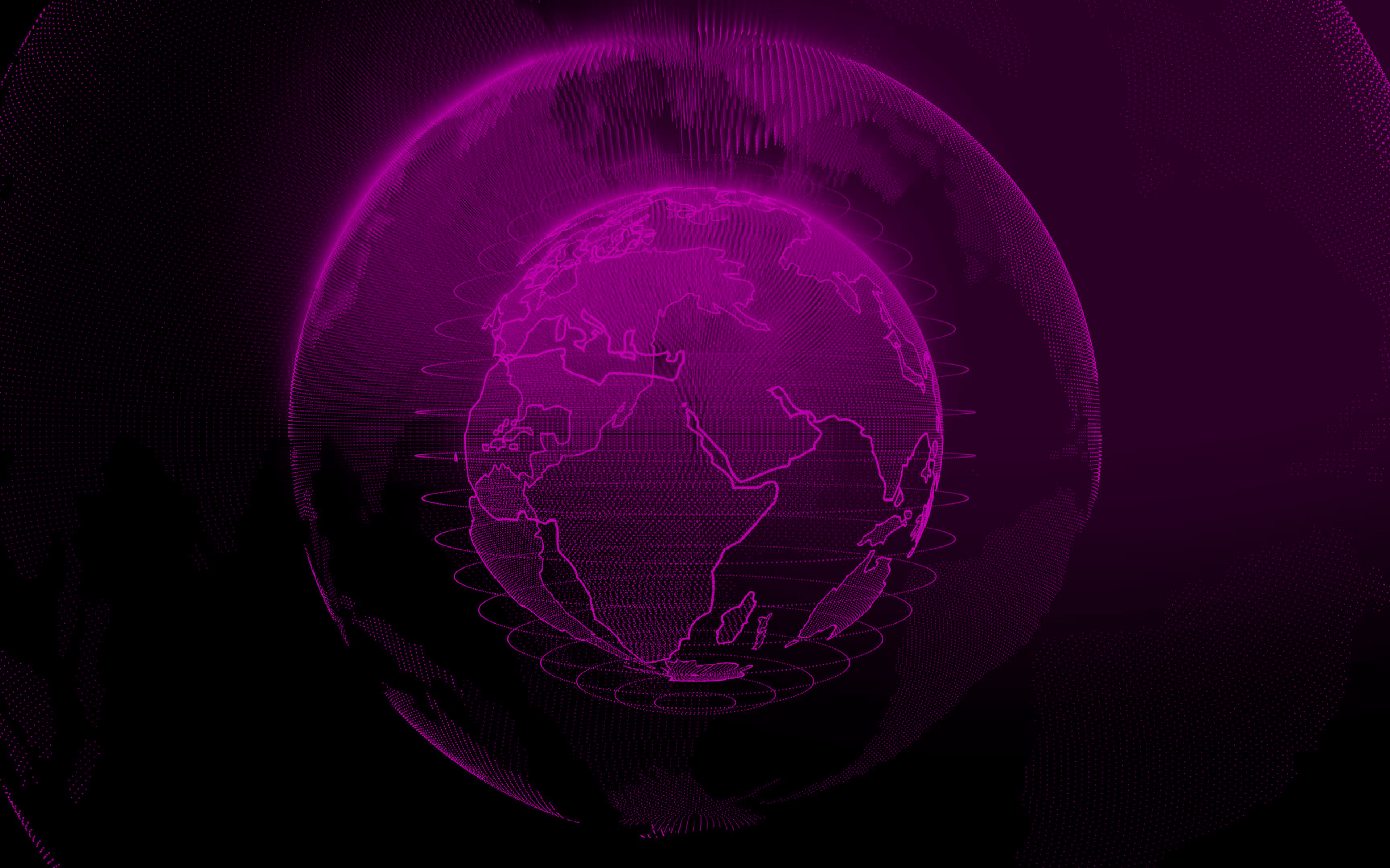Download wallpaper purple digital globe, purple digital background, technology networks, global networks, dots globe silhouette, digital technology, purple technology background, world map for desktop with resolution 3840x2400. High Quality HD