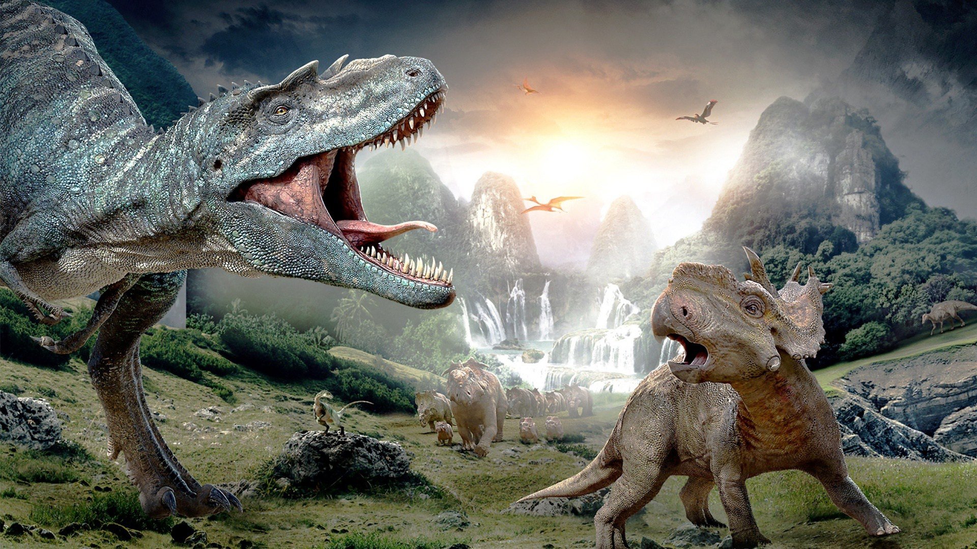 nature, Animals, Dinosaurs, Prehistoric, Tyrannosaurus rex, Birds, Digital art, Landscape, Sun, Mountains, Rock, Waterfall, Roar Wallpaper HD / Desktop and Mobile Background
