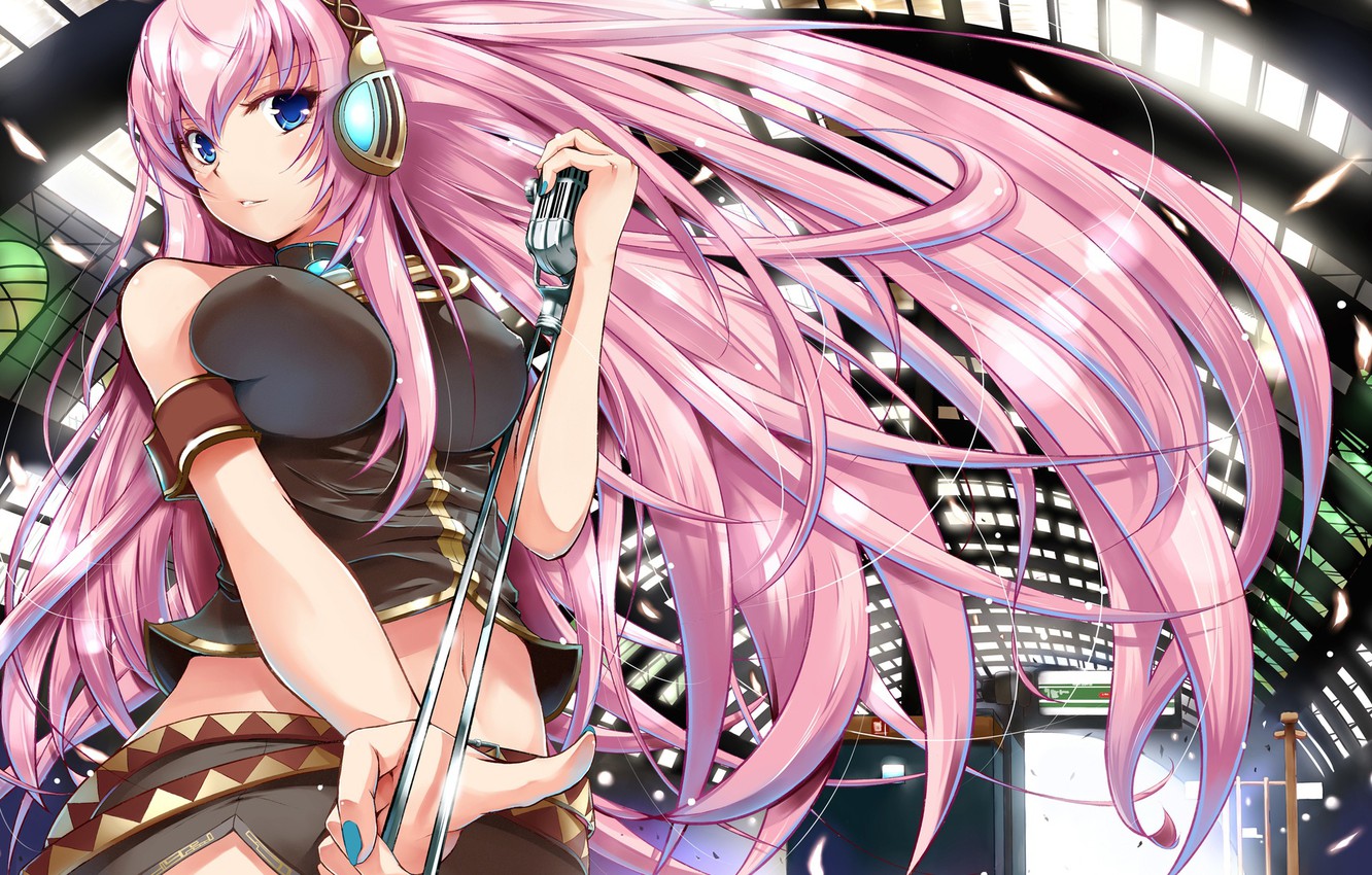 Wallpaper headphones, microphone, vocaloid, Vocaloid, on stage, pink hair, Megurine Luka image for desktop, section арт