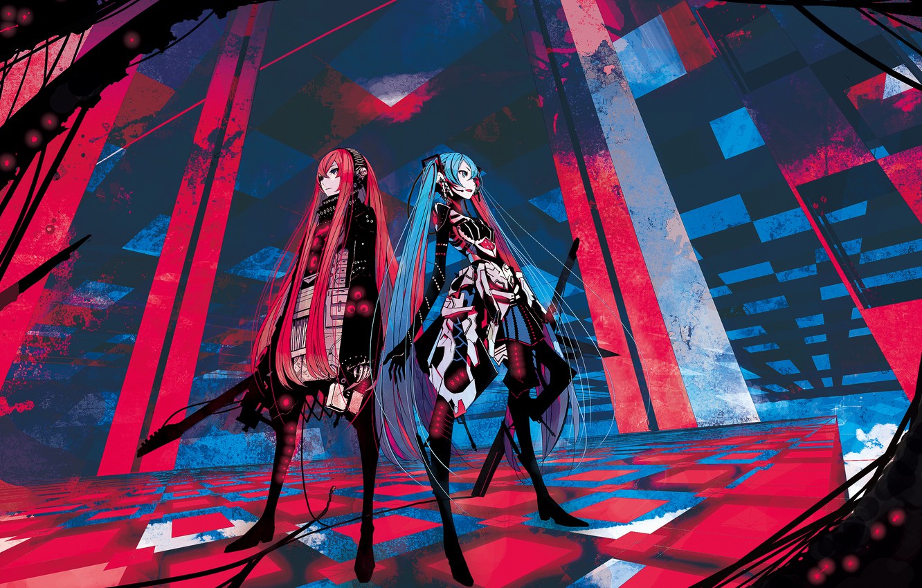 Wallpaper abstraction, girls, guitar, art, vocaloid, hatsune miku, megurine luka image for desktop, section арт