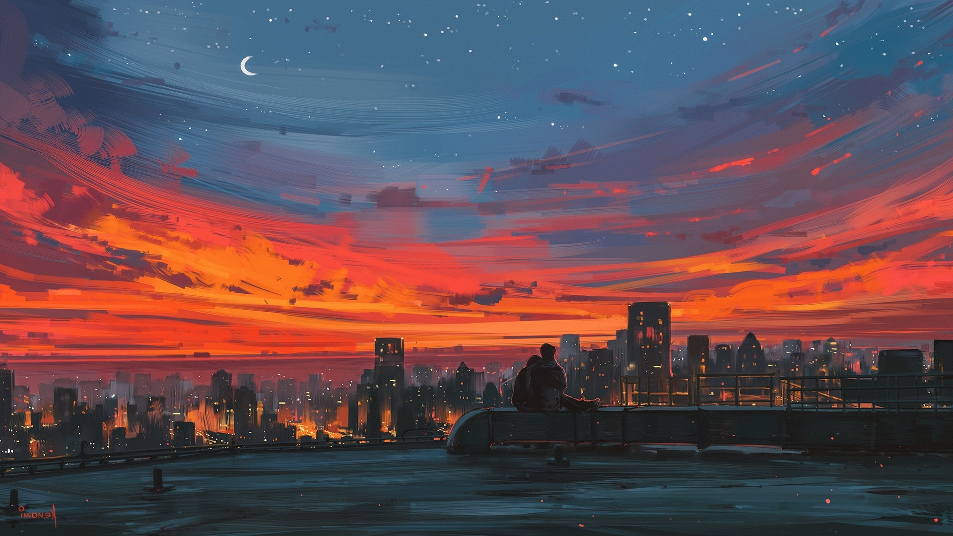 Anime landscape, cityscape, scenic, sunset, anime girl, Anime, HD wallpaper