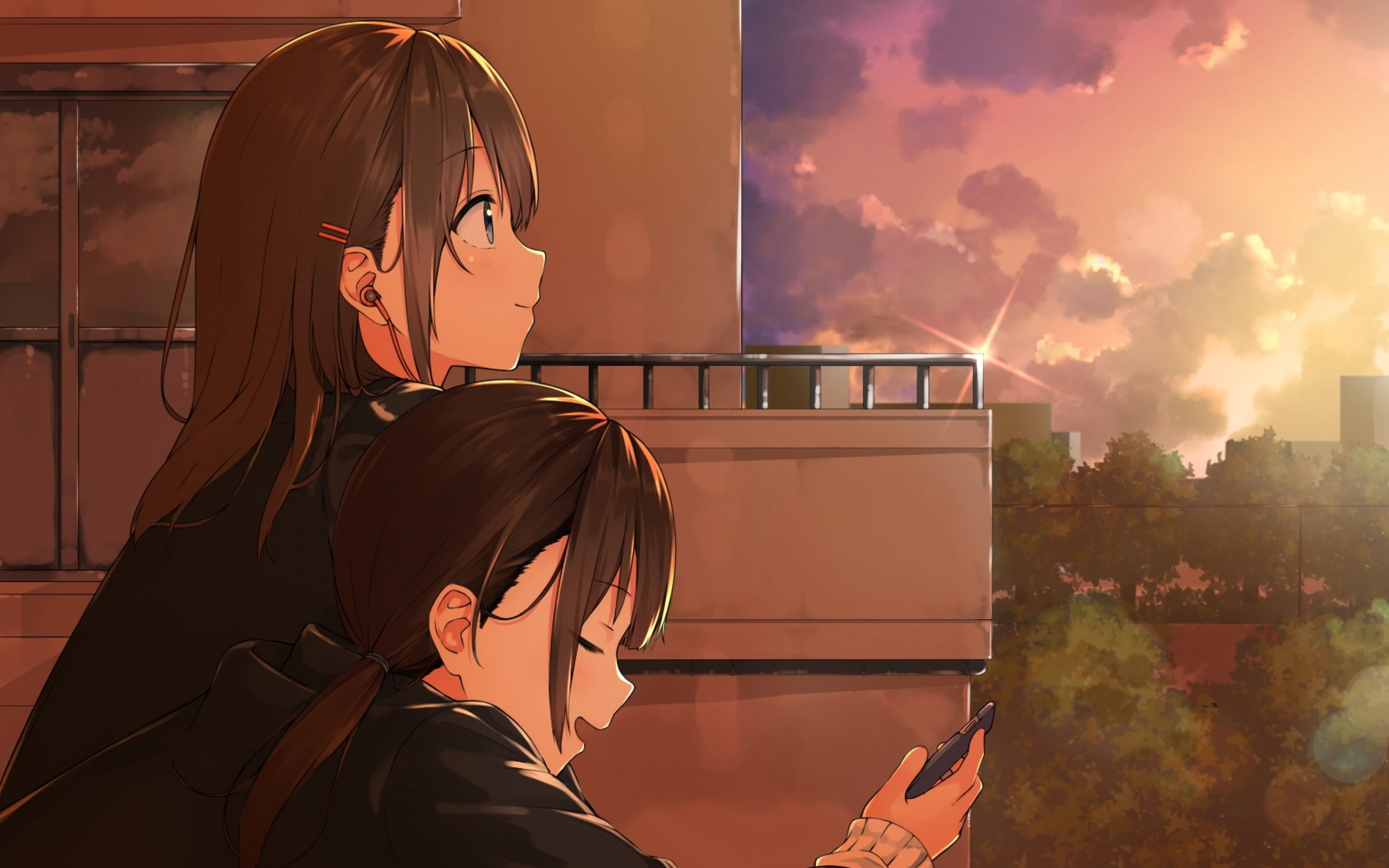 Download 2880x1800 Anime School Girls, Sunset, Building, Relaxing, Ponytail Wallpaper for MacBook Pro 15 inch