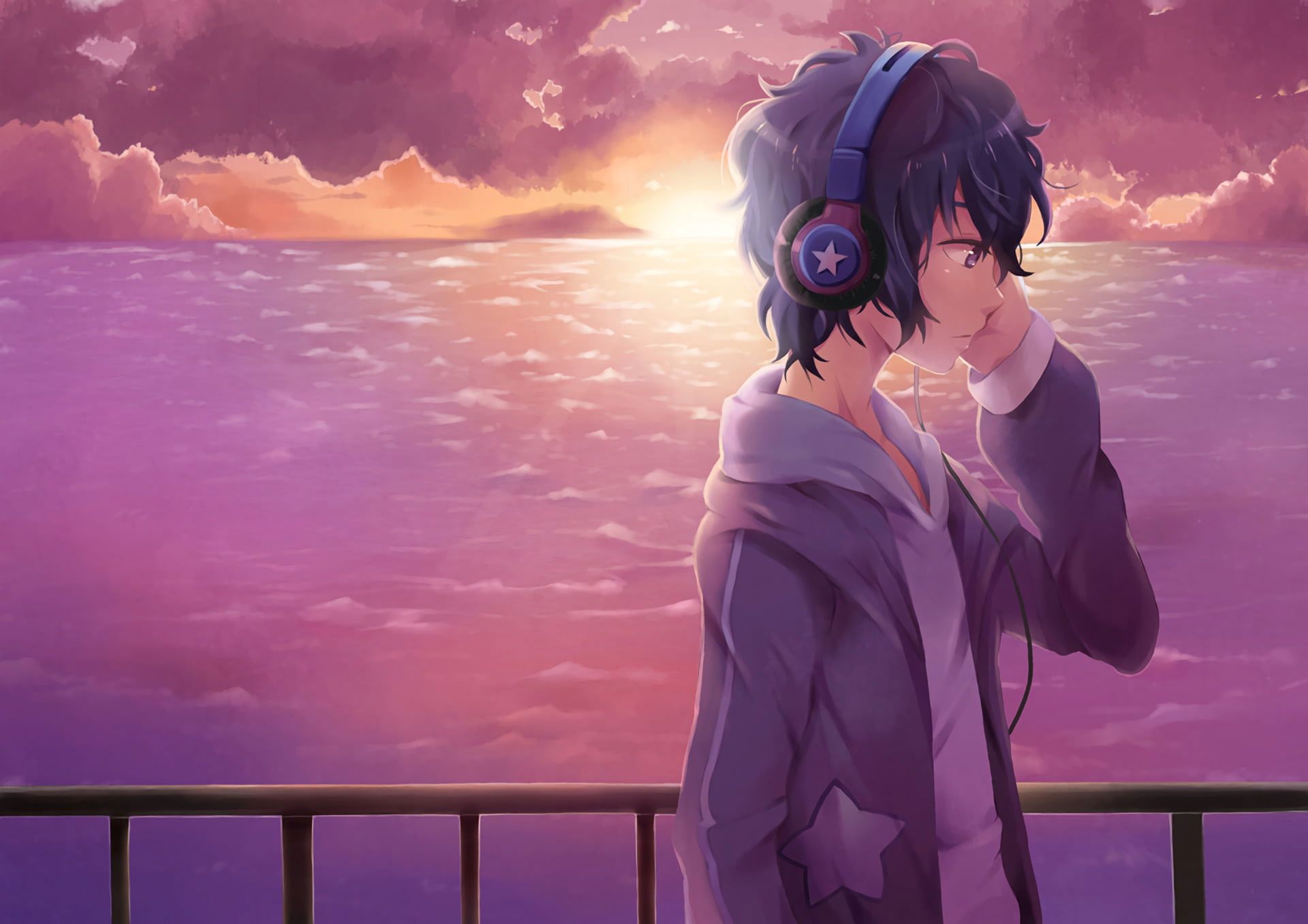 Anime wallpaper, Original, Boy, Headphones, Original (Anime), sky, sunset. Anime boy with headphones, Anime boy, Anime