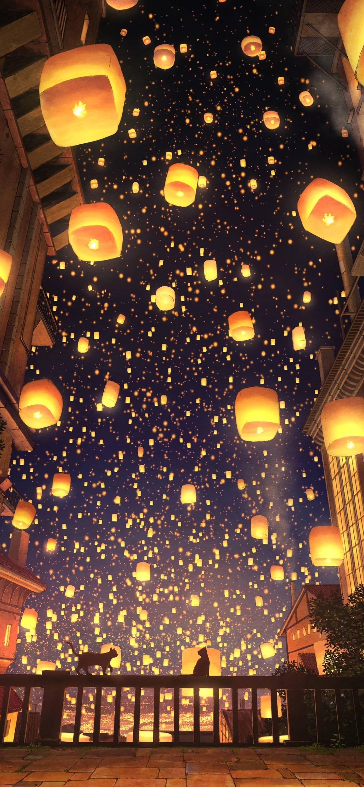 Wallpaper Anime Festival, Scenic, Mood, Lanterns, Cats, Night, Fence:2000x2820