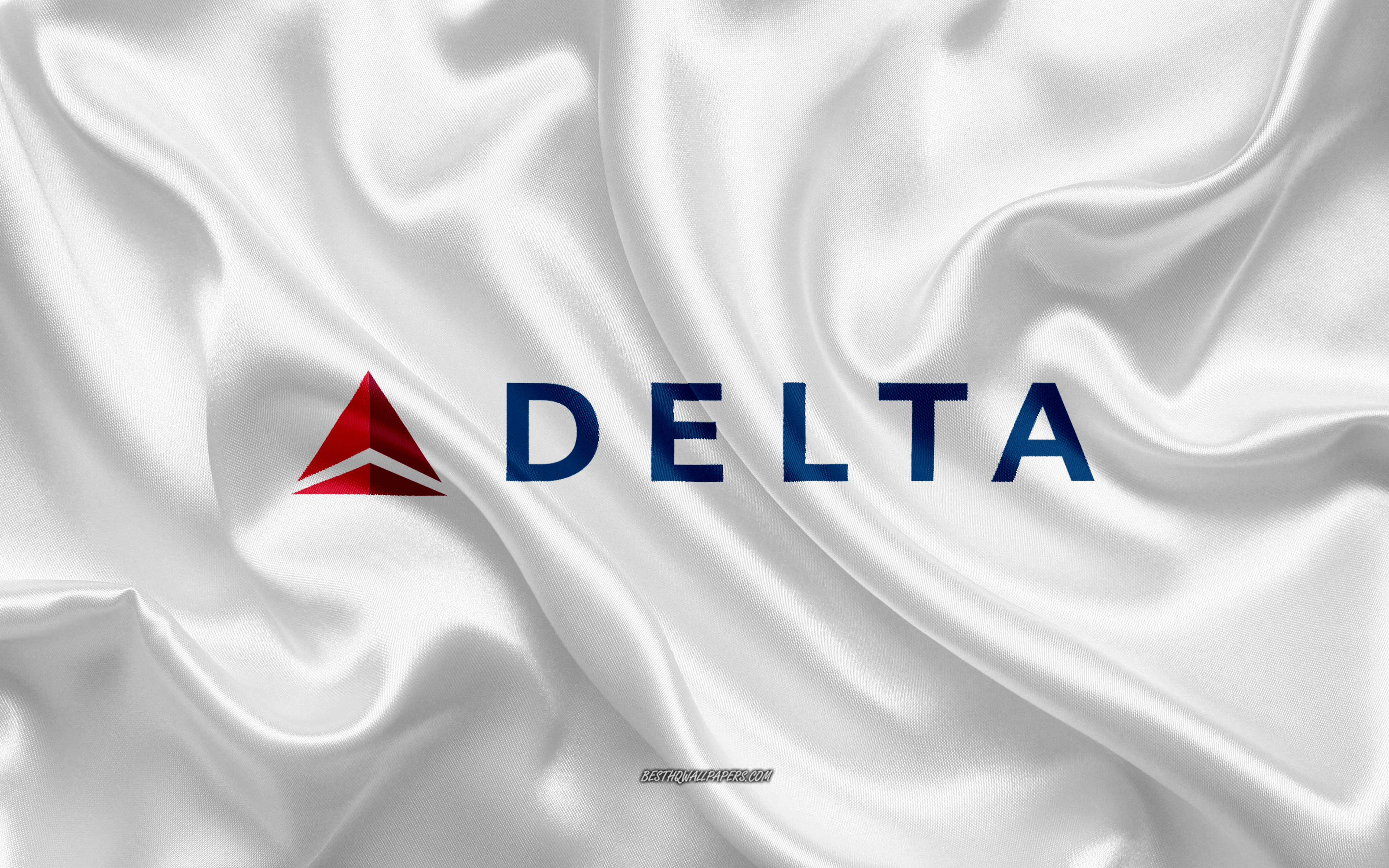 Download wallpaper Delta Air Lines logo, airline, white silk texture, airline logos, Delta Air Lines emblem, silk background, silk flag, Delta Air Lines for desktop with resolution 3840x2400. High Quality HD picture