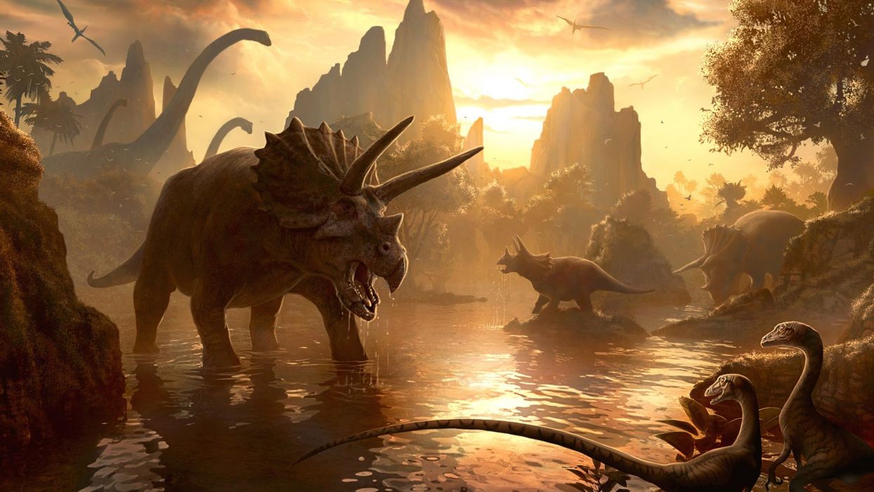 Sunset artistic dinosaurs realistic raptors triceratops Pterodactyls Diplodocus wallpaperx1080