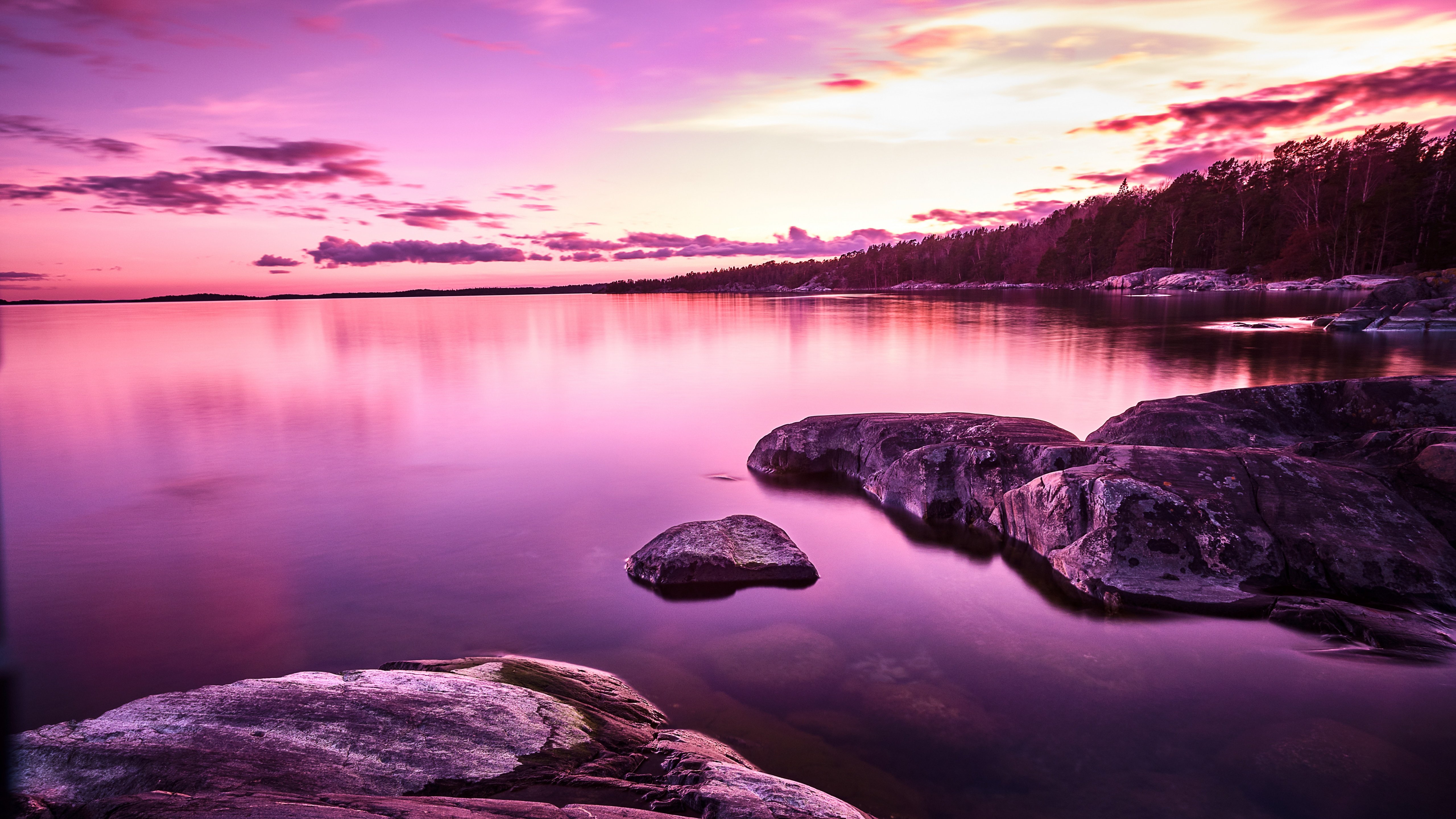 Sunset Wallpaper 4K, Lake, Purple, Pink sky, Scenery, Body of Water, Nature