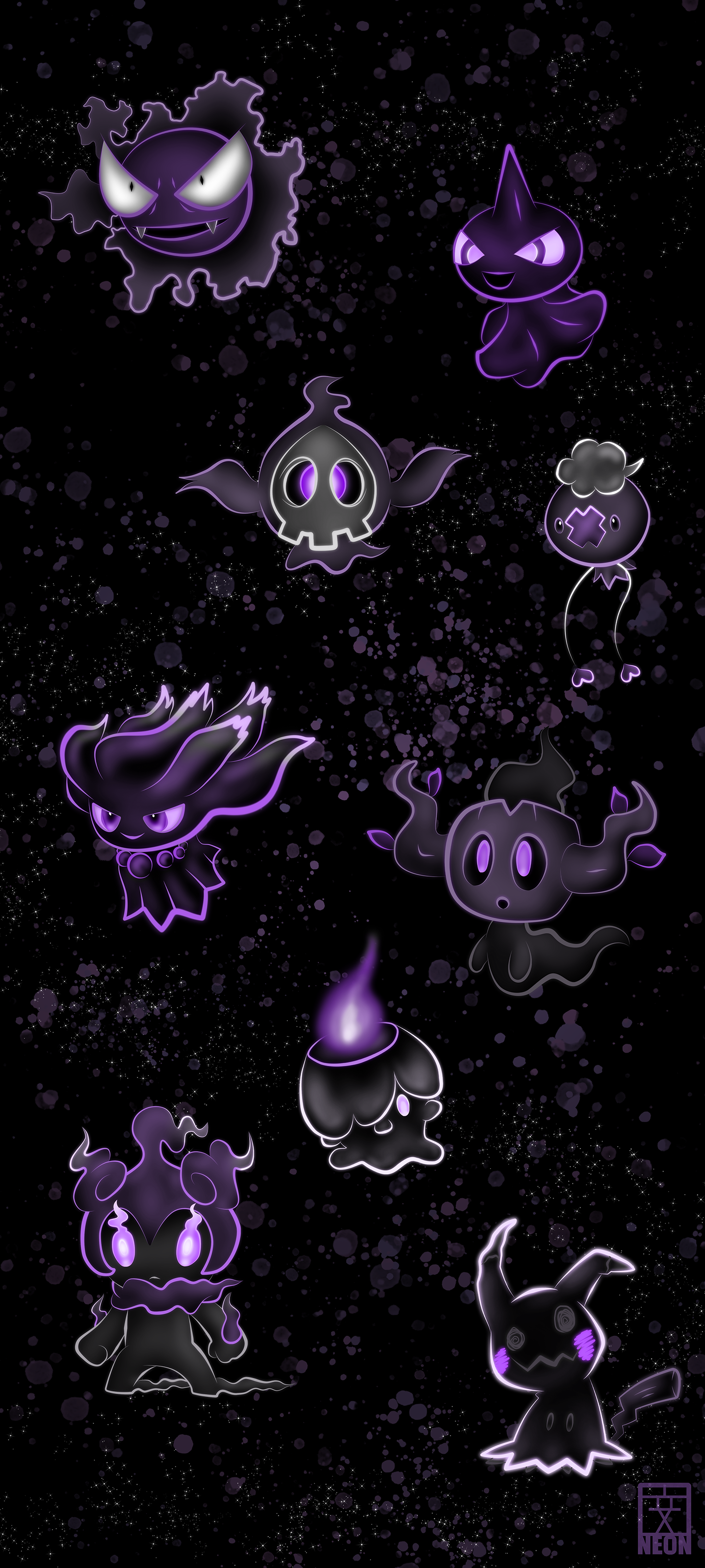 Neon Ghost Pokemon Phone Wallpaper for Halloween [OC] (3200x1440)