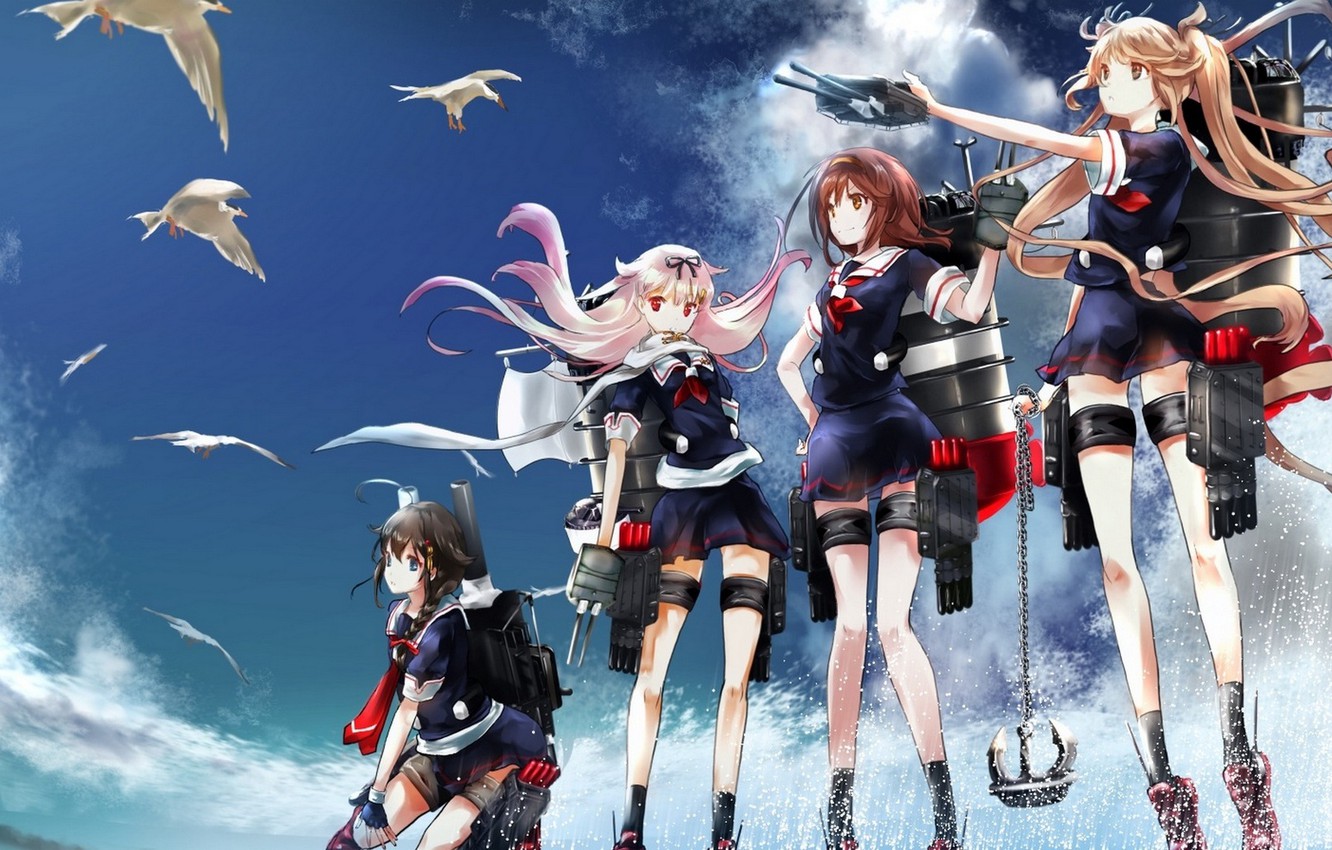 Wallpaper the sky, clouds, birds, weapons, girls, anime, art, the shiratsu, kantai collection, renon, yuudachi, murasame, tenle, shigure image for desktop, section прочее