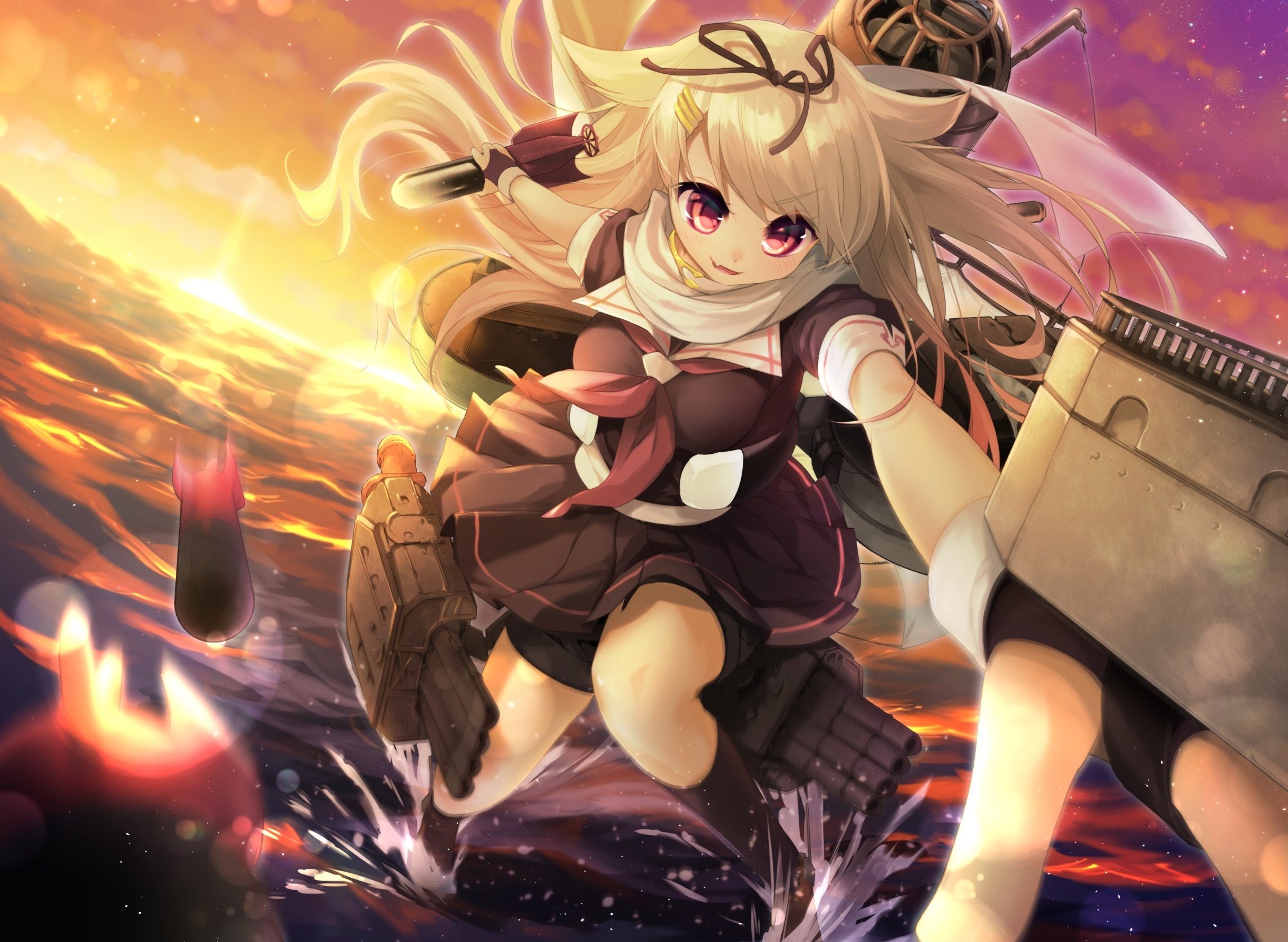 Wallpaper Sunset, Water, Rocket, Kantai Collection, Scenic, Kancolle, Yuudachi:2287x1673