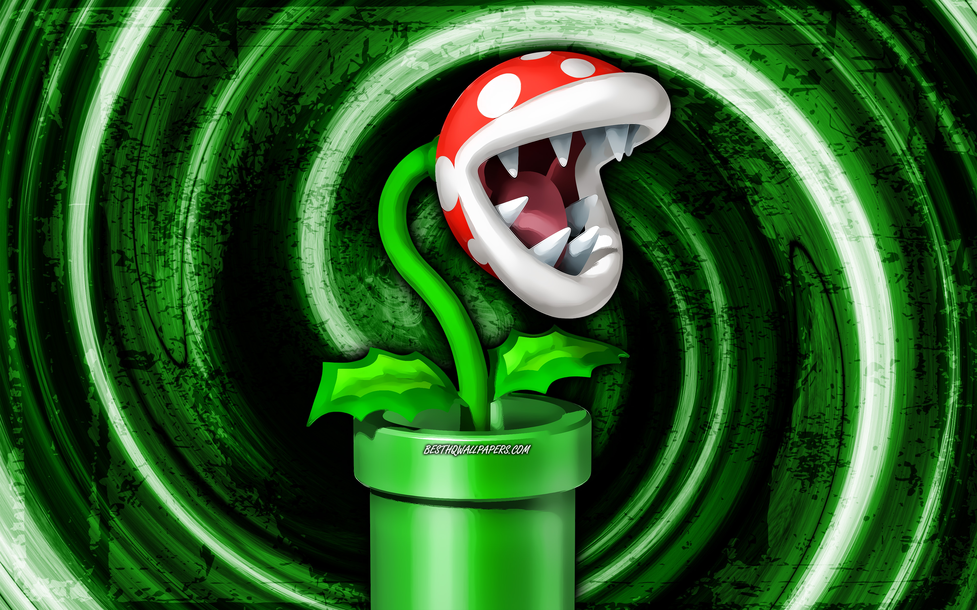 Download wallpaper 4k, Piranha Plant, green grunge background, vortex, Super Mario, cartoon plant, Super Mario characters, Super Mario Bros, Piranha Plant Super Mario for desktop with resolution 3840x2400. High Quality HD picture