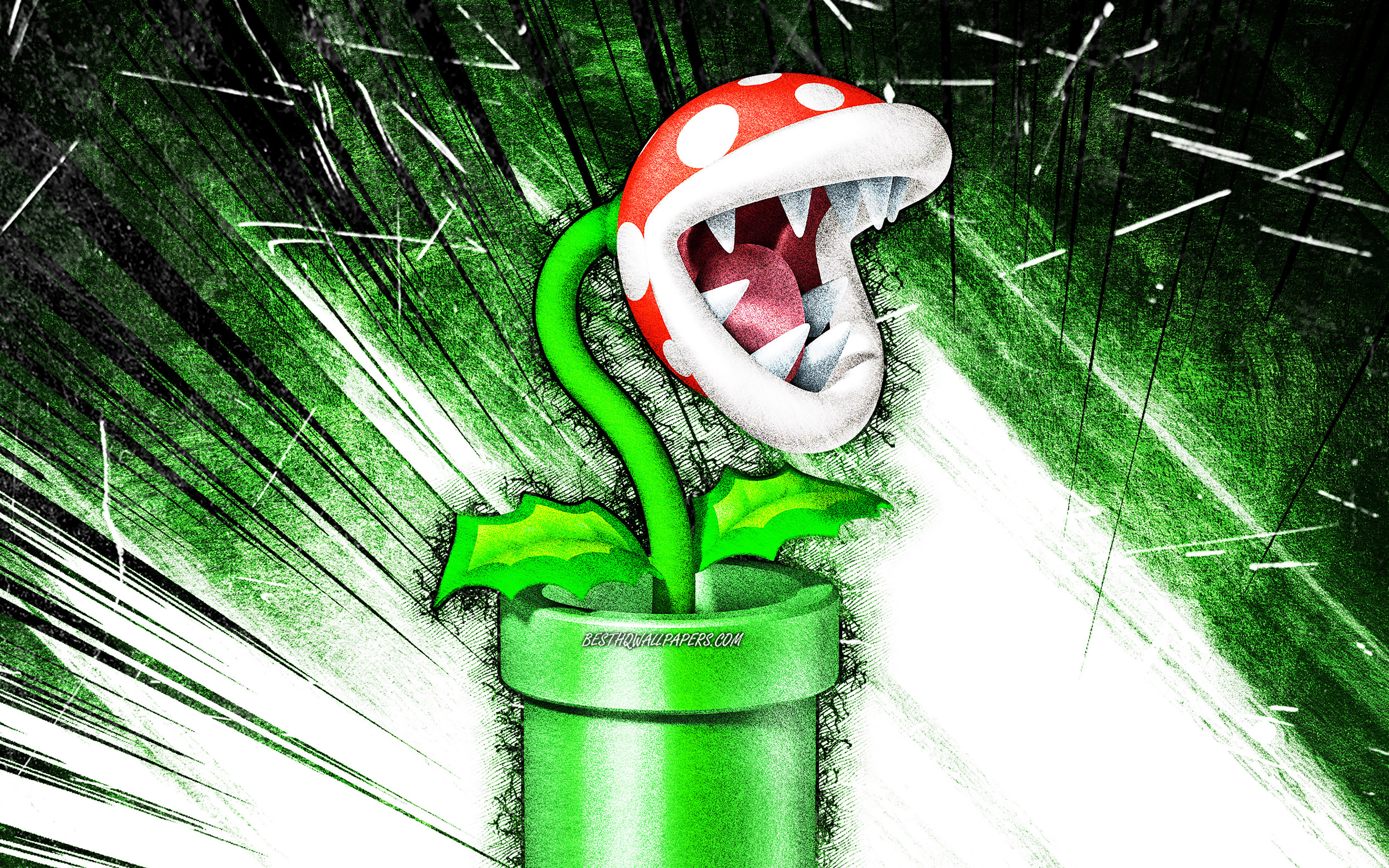 Download wallpaper 4k, Piranha Plant, grunge art, Super Mario, cartoon plant, green abstract rays, Super Mario characters, Super Mario Bros, Piranha Plant Super Mario for desktop with resolution 3840x2400. High Quality HD