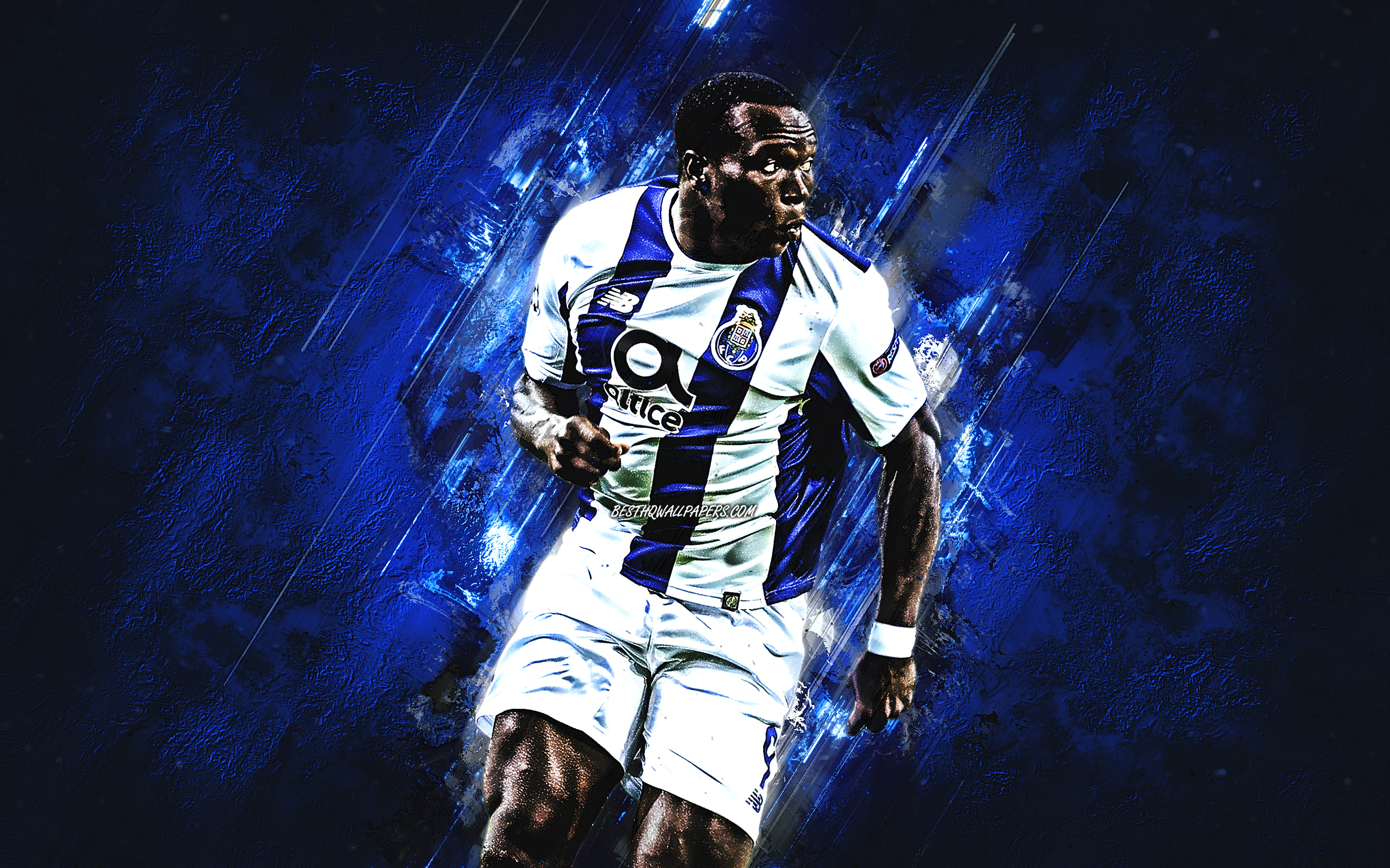 Download wallpaper Vincent Aboubakar, blue stone, Porto FC, cameroonian footballers, forward, soccer, Aboubakar, Primeira Liga, Portugal, football, neon lights for desktop with resolution 2880x1800. High Quality HD picture wallpaper
