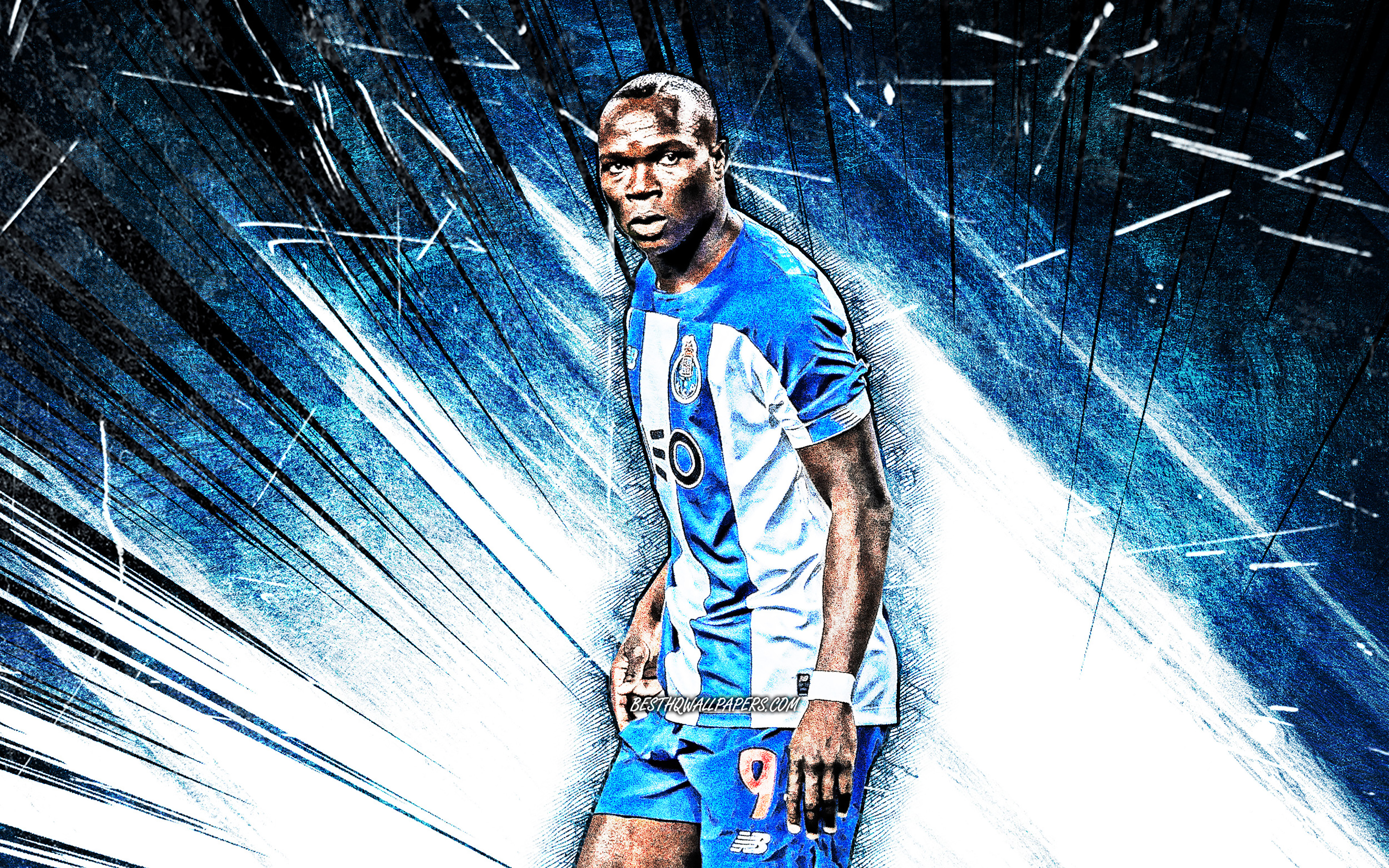 Download wallpaper 4k, Vincent Aboubakar, grunge art, Porto FC, Primeira Liga, Cameroonian footballers, Vincent Pate Aboubakar, blue abstract rays, soccer, FC Porto, Vincent Aboubakar Porto for desktop with resolution 3840x2400. High Quality