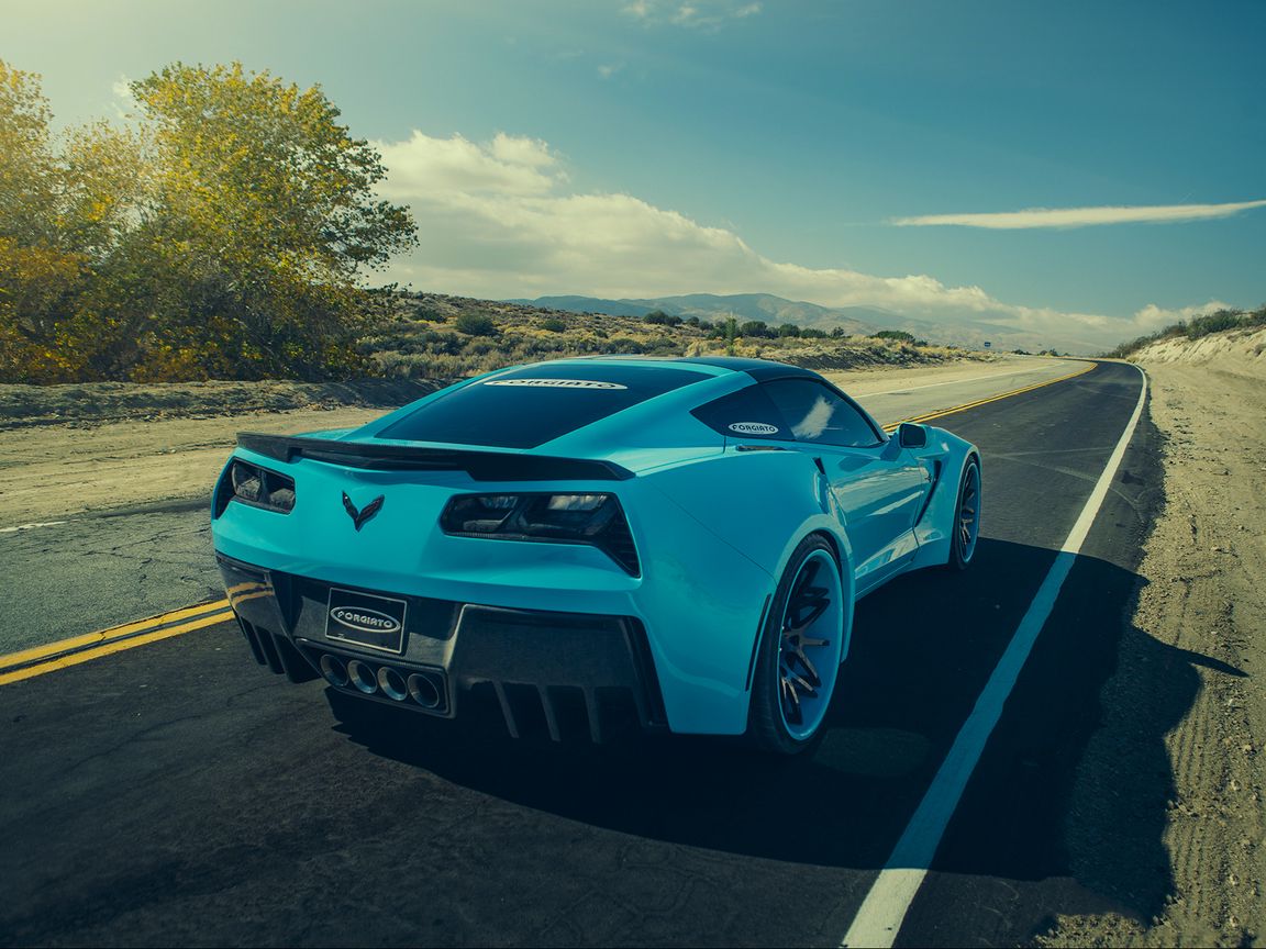 Download wallpaper 1152x864 chevrolet, corvette, c7, stingray, forgiato, blue, rear view standard 4:3 HD background
