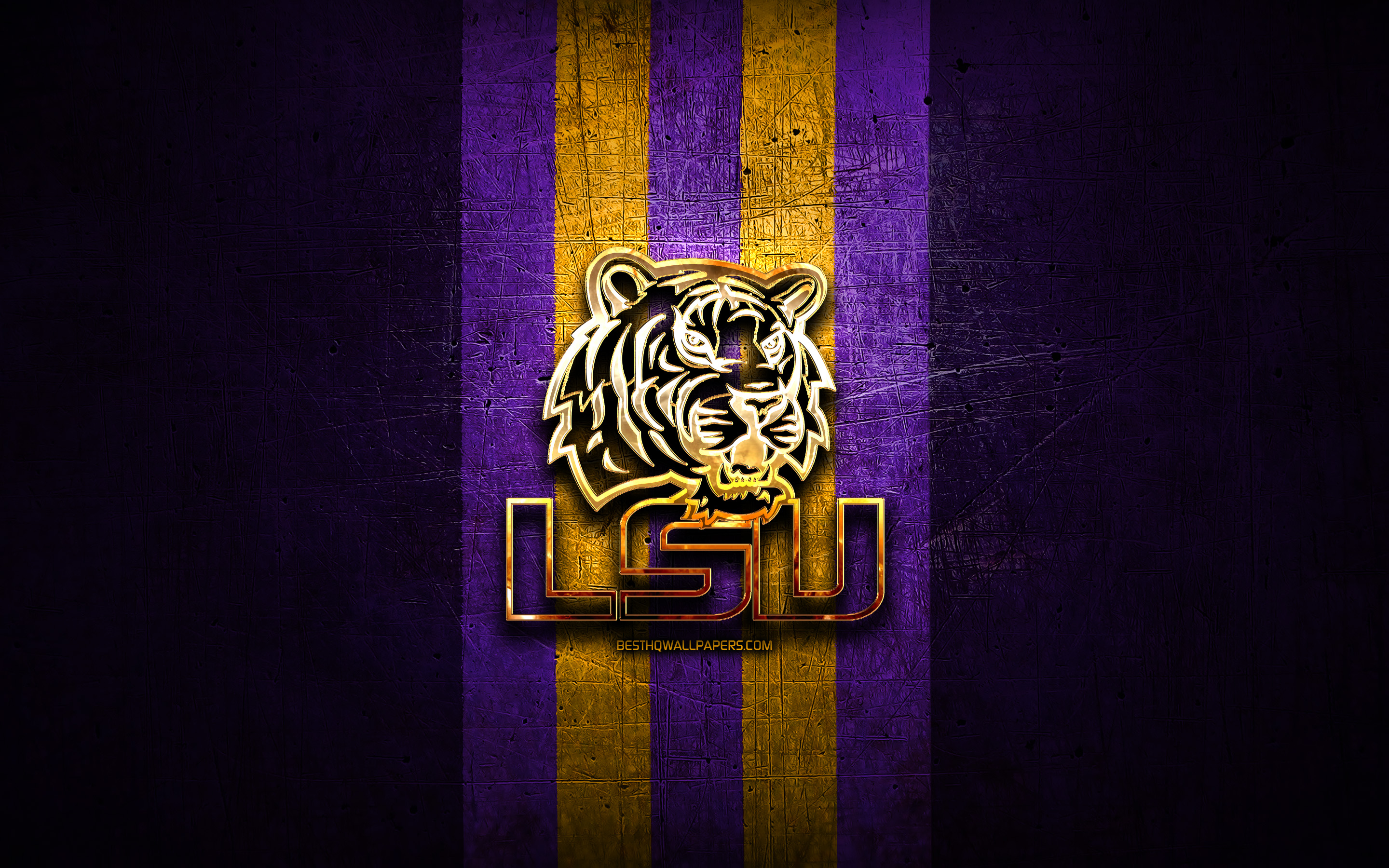 Download wallpaper LSU Tigers, golden logo, NCAA, violet metal background, american football club, LSU Tigers logo, american football, USA for desktop with resolution 2880x1800. High Quality HD picture wallpaper