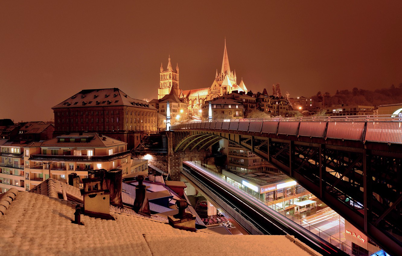 Wallpaper night, bridge, lights, home, Switzerland, Cathedral, Lausanne image for desktop, section город