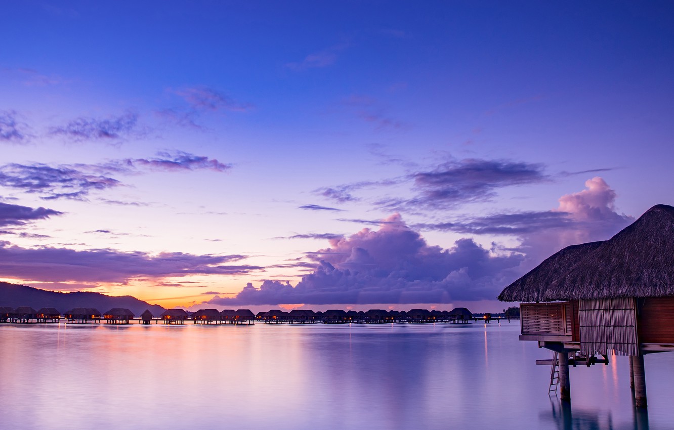 Wallpaper sea, the sky, clouds, sunset, lights, tropics, shore, island, the evening, Bora Bora, Bungalow, French Polynesia image for desktop, section пейзажи
