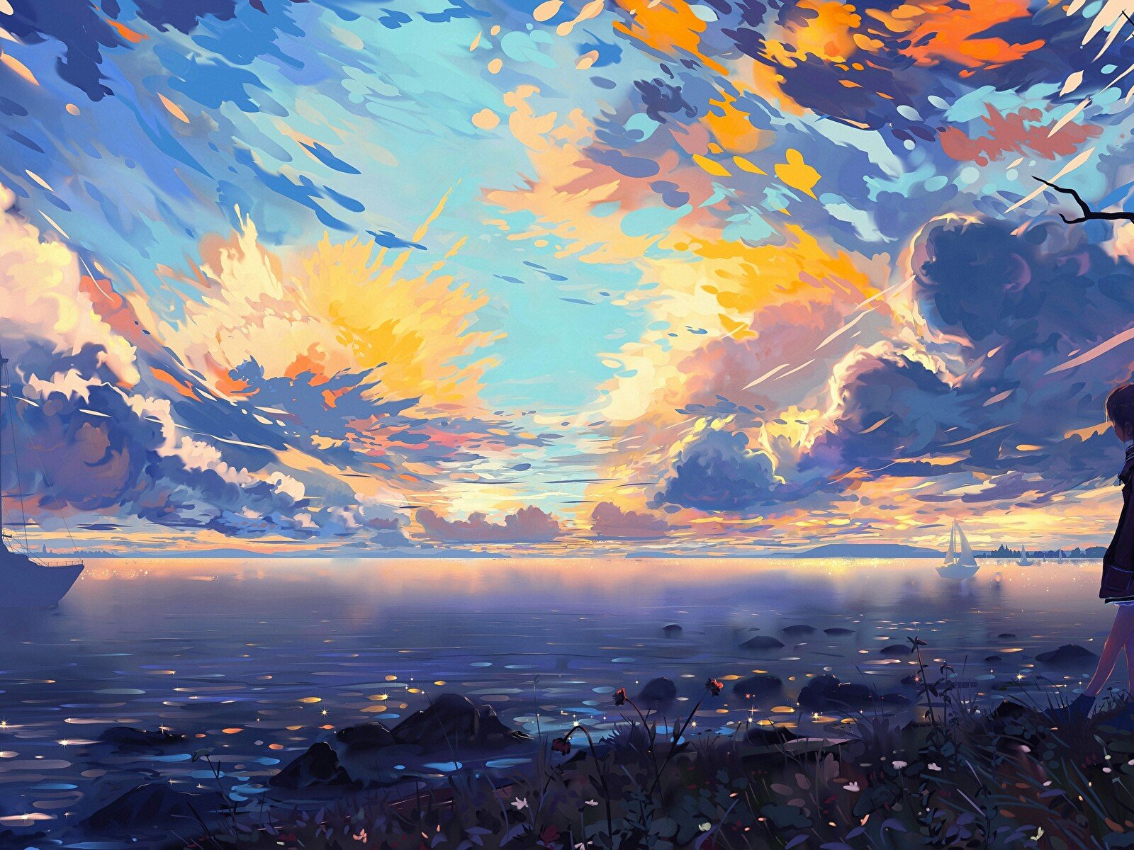 anime landscape for desktop, sea, ships, colorful, clouds, scenic, tree, horizon [3840x2160]